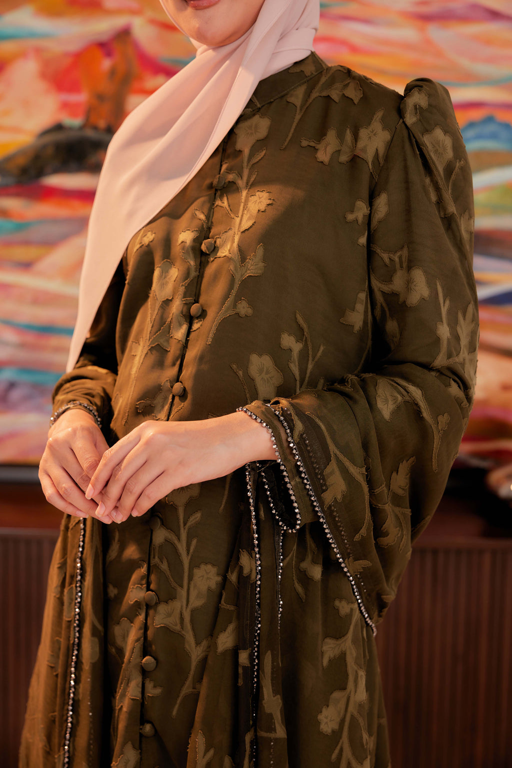 Indah Pelangi Kebarung in Hijau Zaitun – The Beaded Edition, Fully Lined