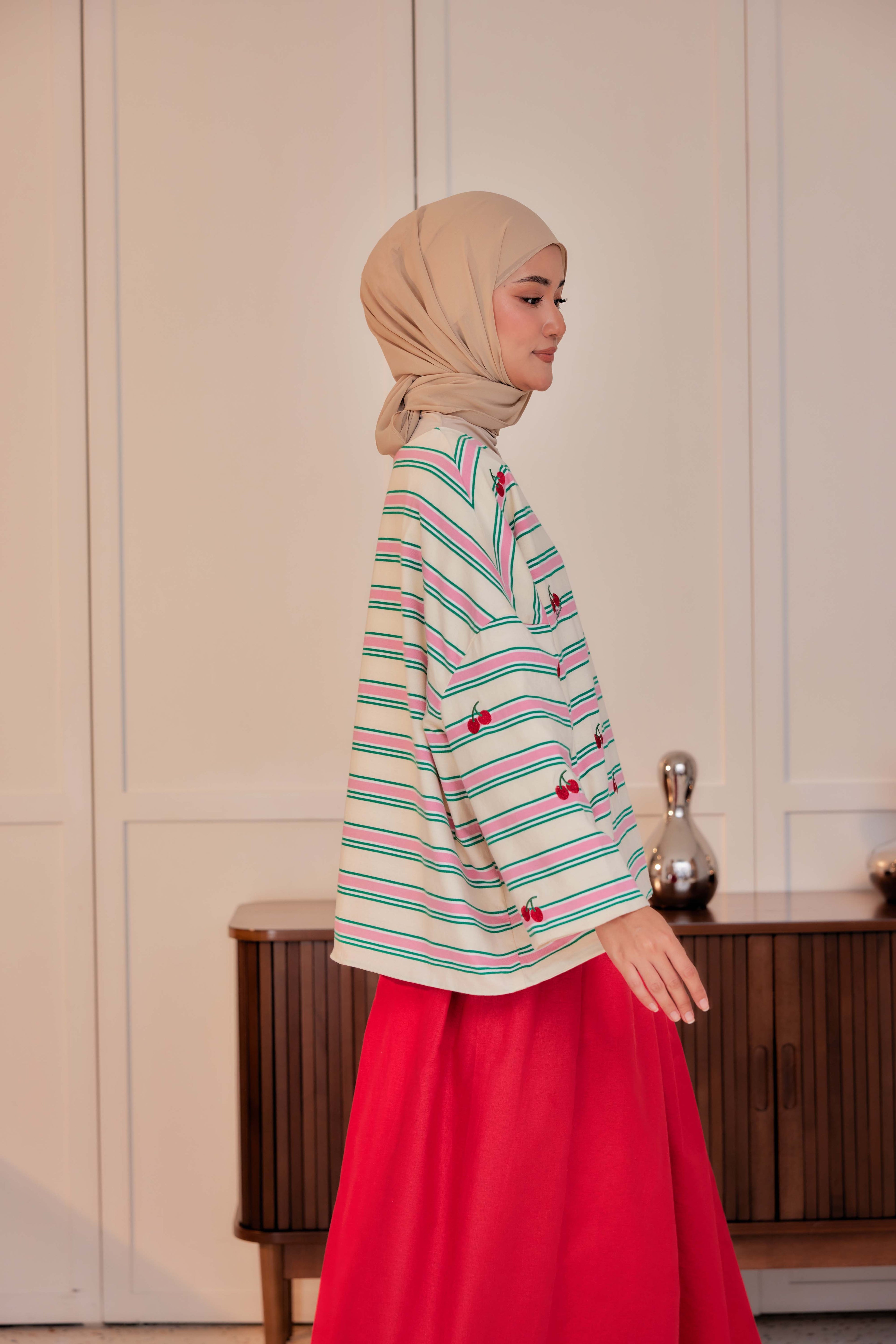 Striped Embroidered Cotton Relaxed Reversible Tee - Cherry On Top
