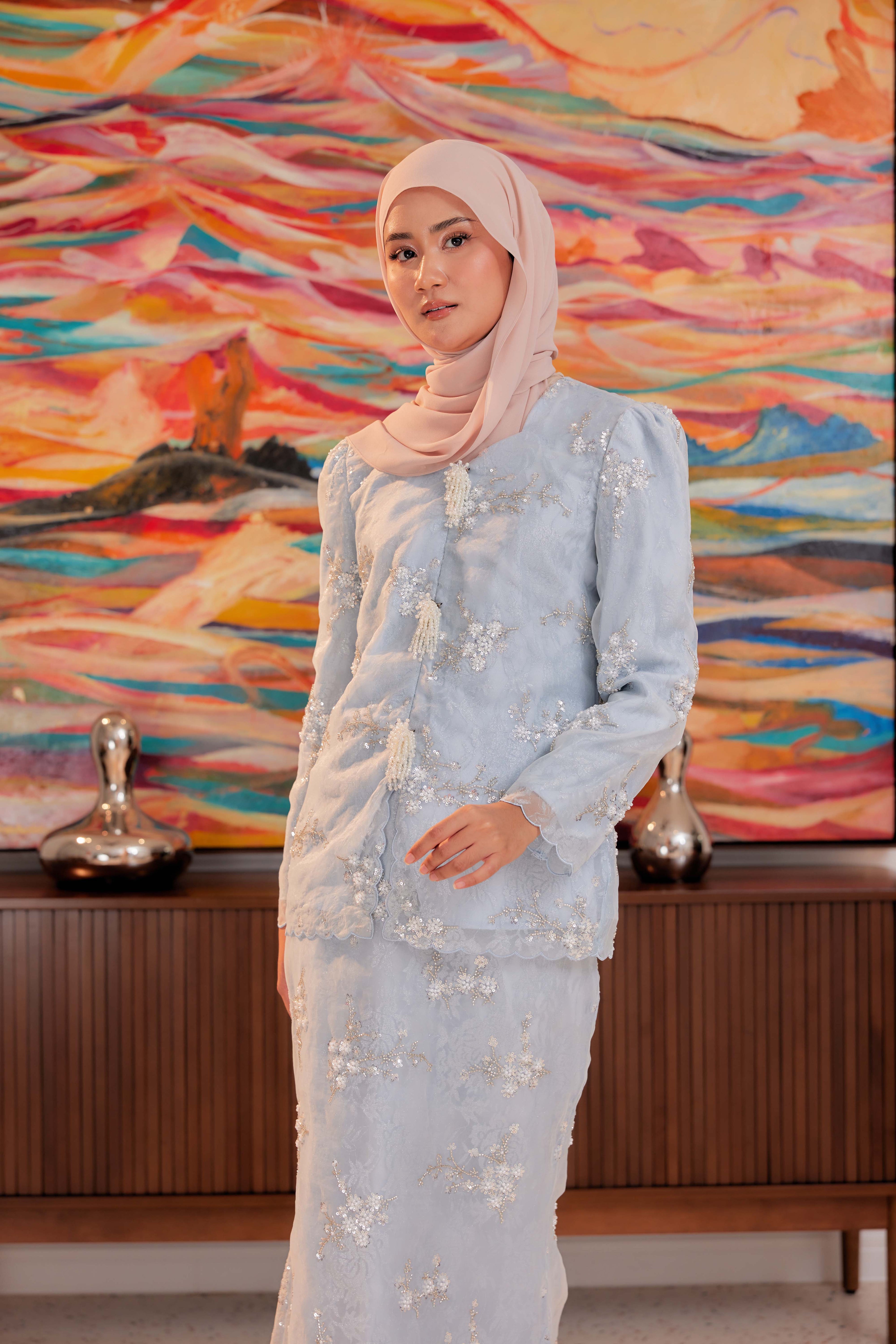 Ash Blue - Alaia Beaded Lace Kurung With Set of 3 Pearl Brooch (Fully Lined)