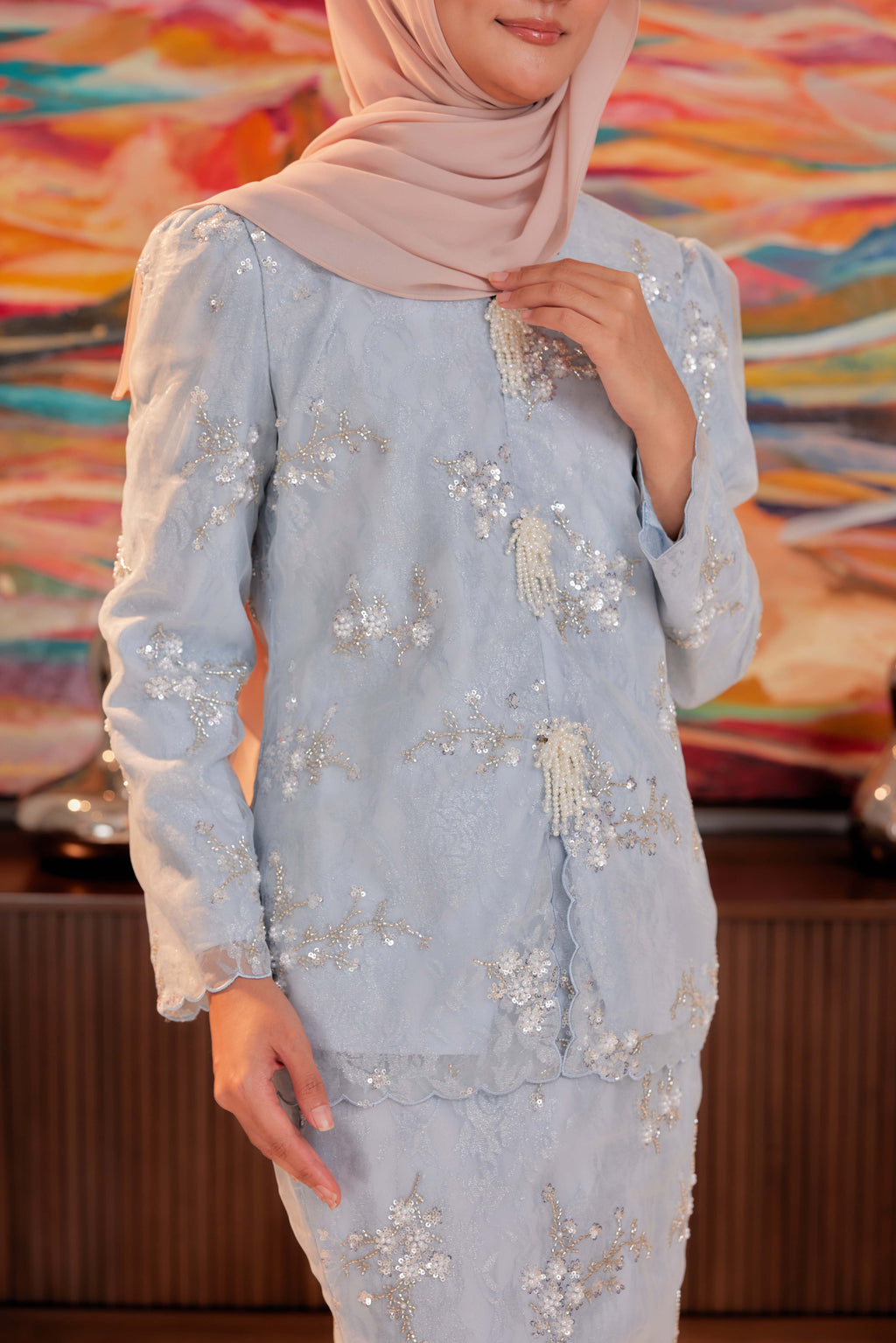 Ash Blue - Alaia Beaded Lace Kurung With Set of 3 Pearl Brooch (Fully Lined)