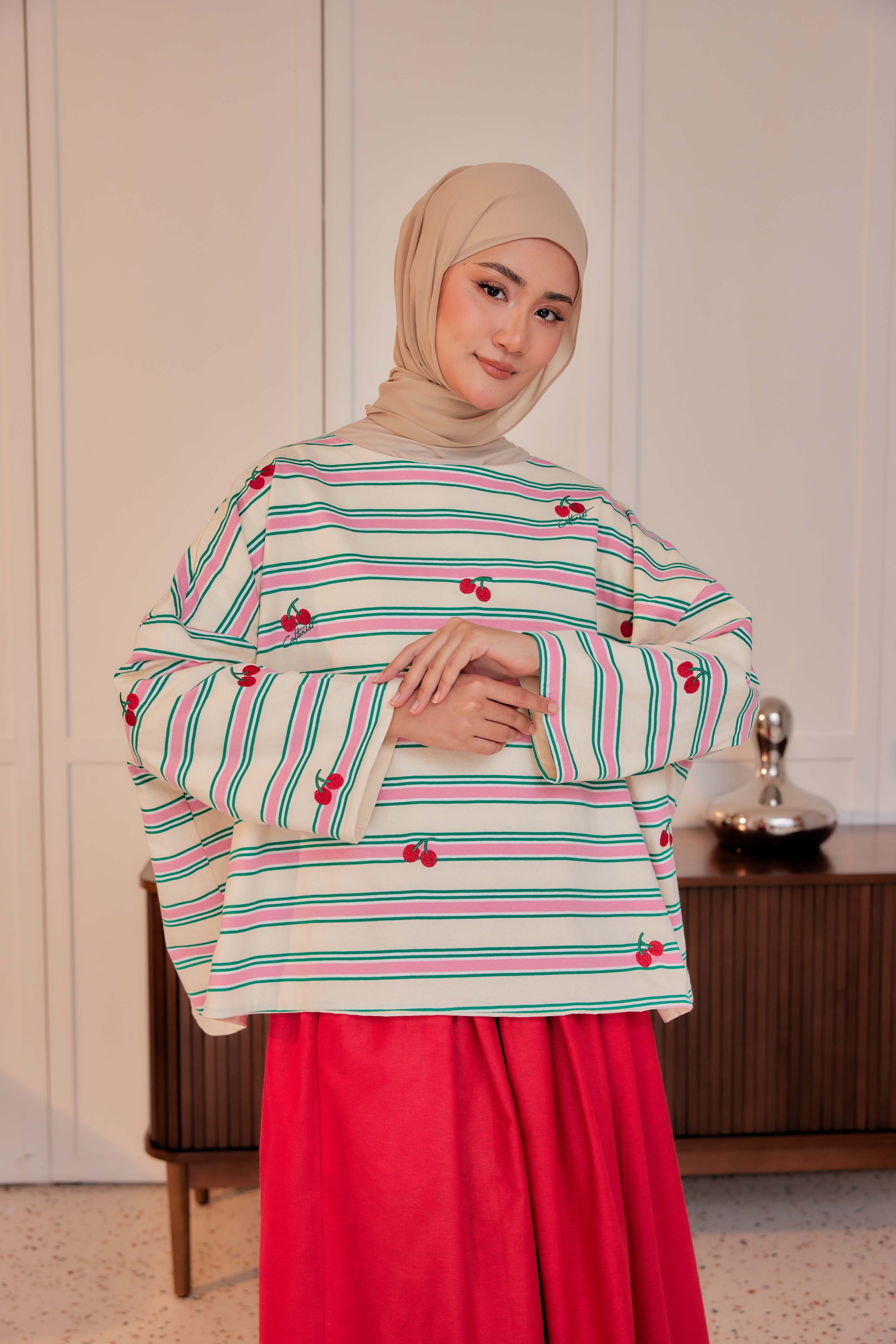 Striped Embroidered Cotton Relaxed Reversible Tee - Cherry On Top