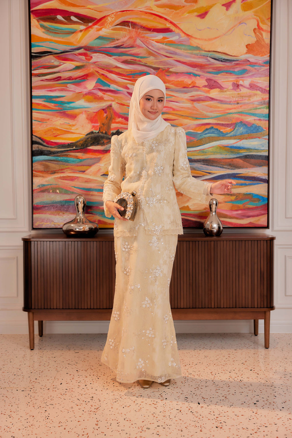 Champagne - Alaia Beaded Lace Kurung With Set of 3 Pearl Brooch (Fully Lined)