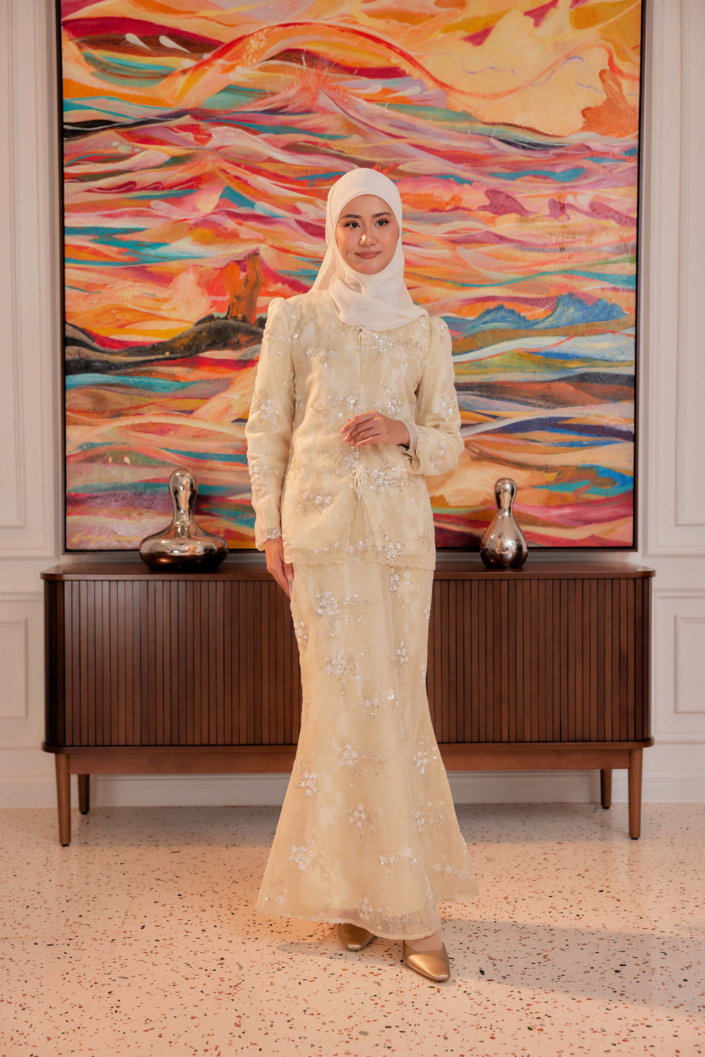 Champagne - Alaia Beaded Lace Kurung With Set of 3 Pearl Brooch (Fully Lined)