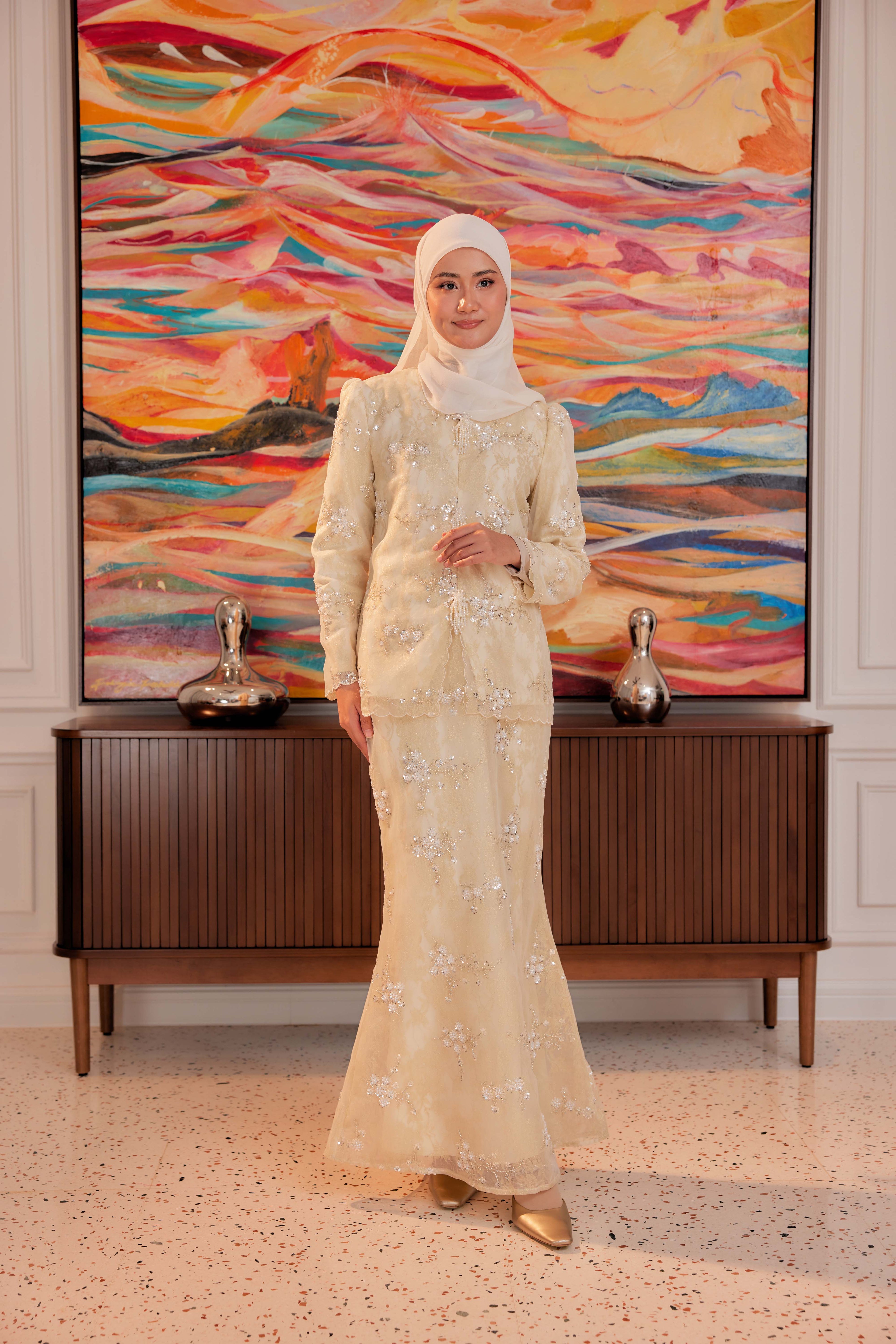 Champagne - Alaia Beaded Lace Kurung With Set of 3 Pearl Brooch (Fully Lined)