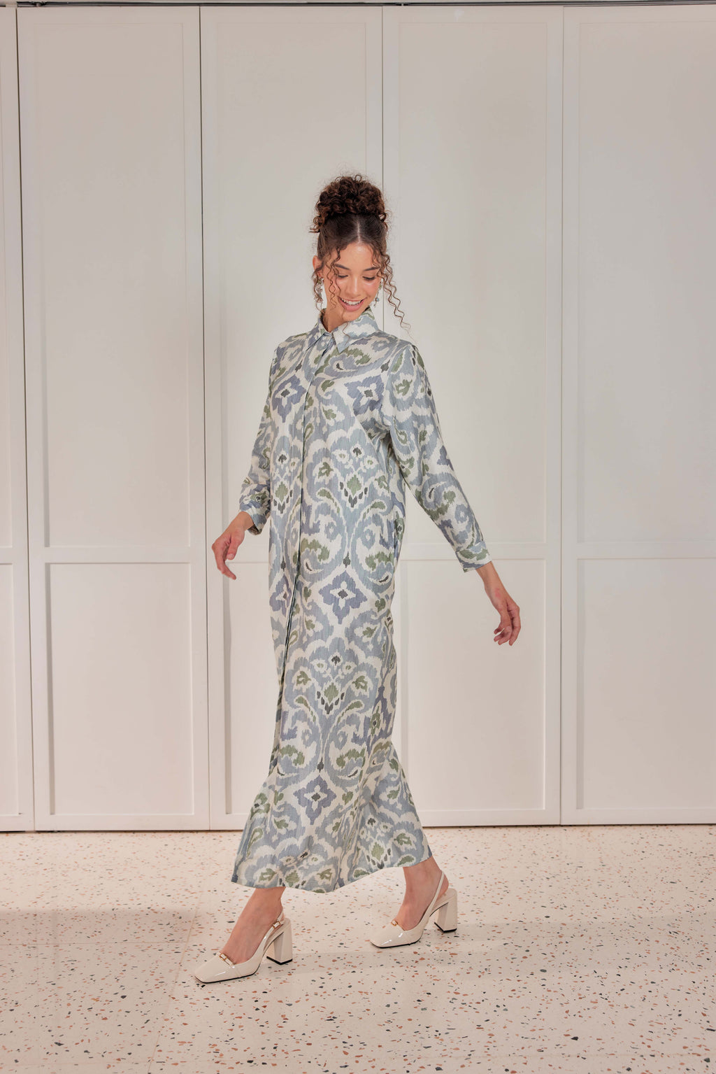 Cotton-Linen Printed Dress - Celestial Grey