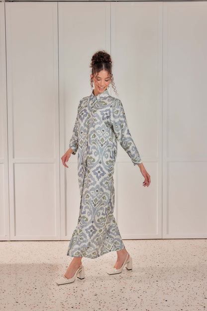 Cotton-Linen Printed Dress - Celestial Grey