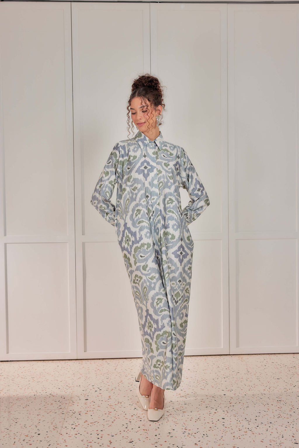 Cotton-Linen Printed Dress - Celestial Grey