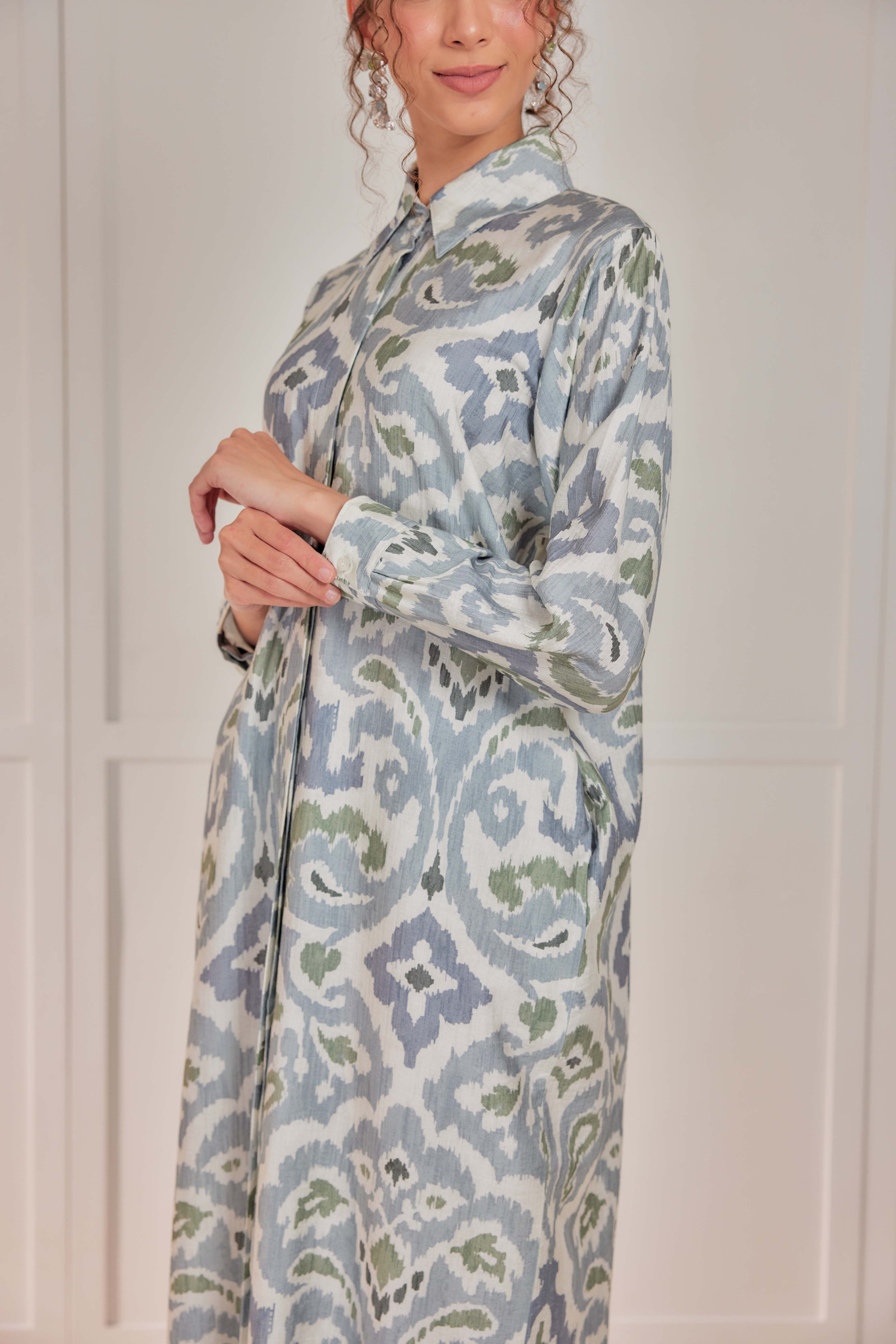 Cotton-Linen Printed Dress - Celestial Grey