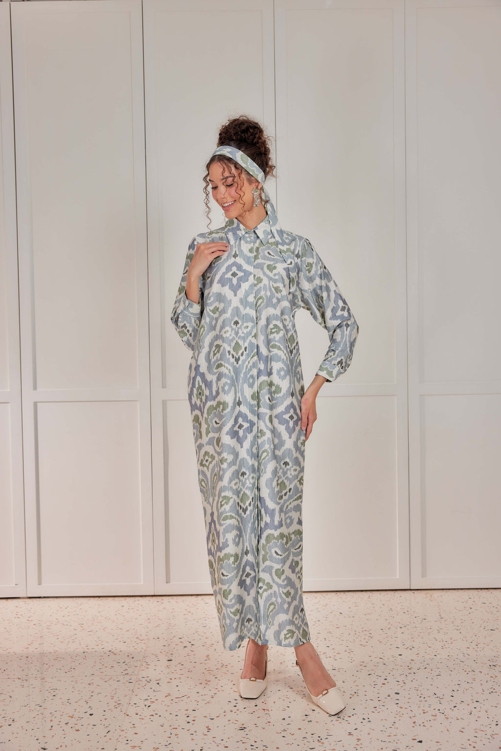 Cotton-Linen Printed Dress - Celestial Grey