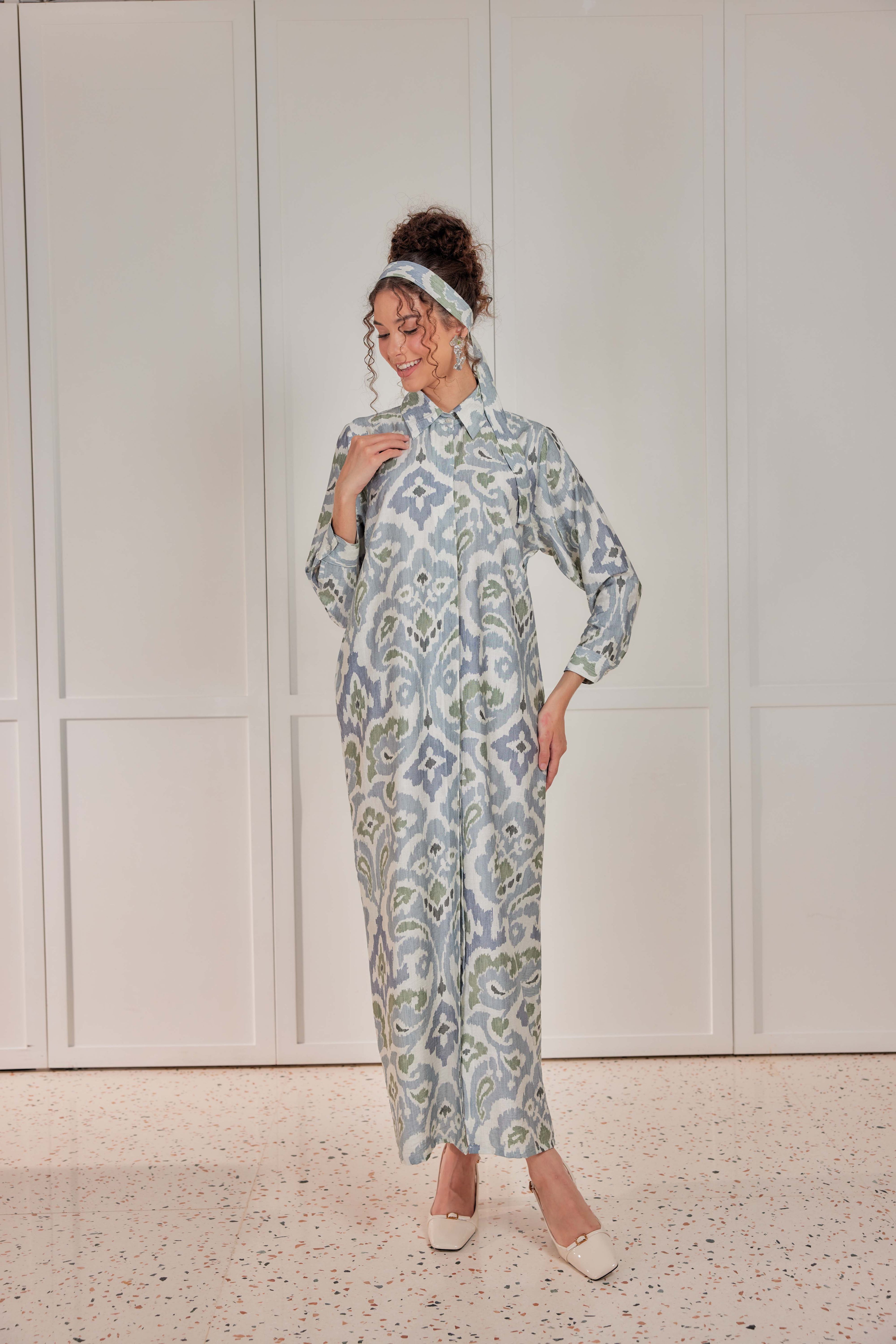 Cotton-Linen Printed Dress - Celestial Grey