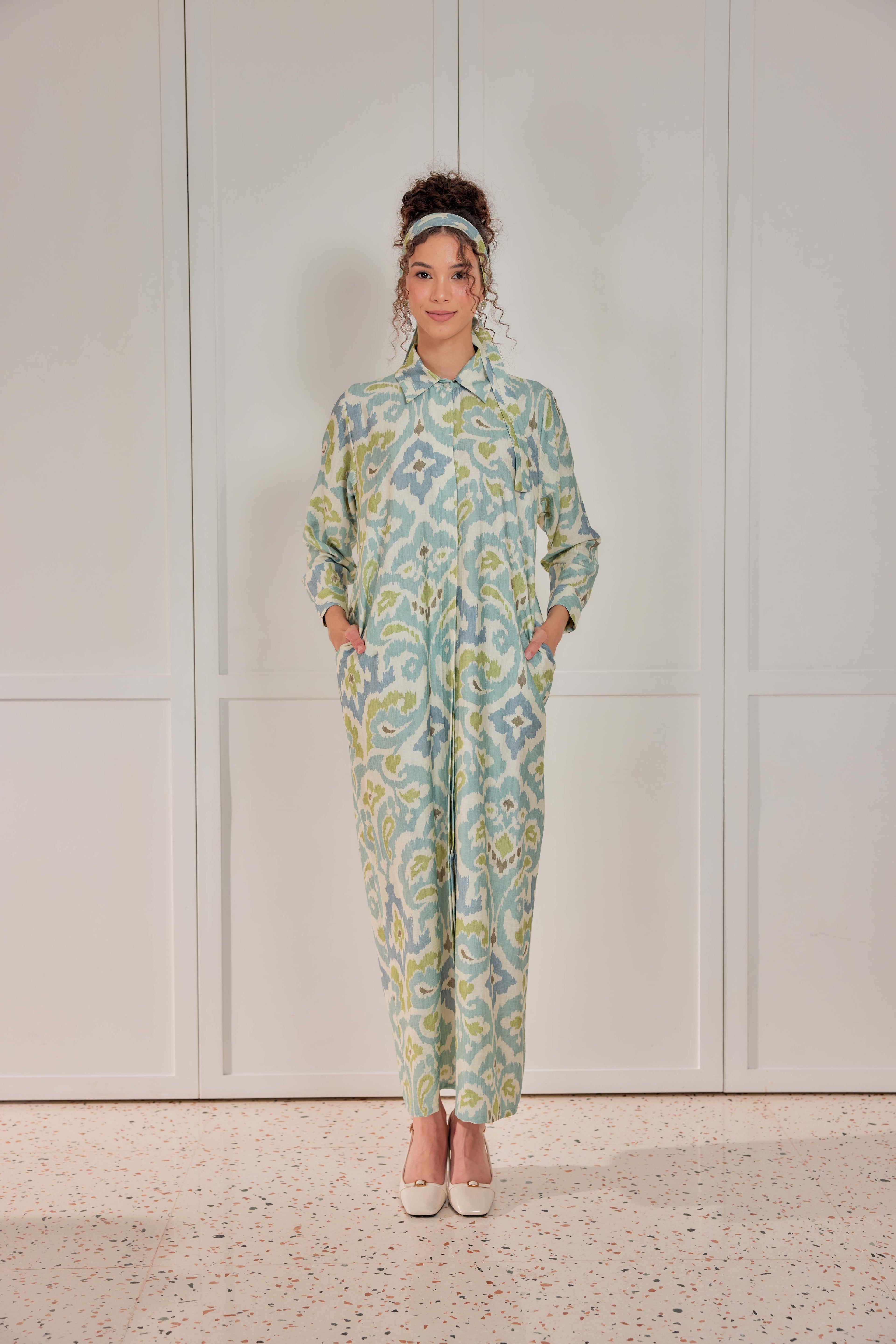 Cotton-Linen Printed Dress - Olive Drift