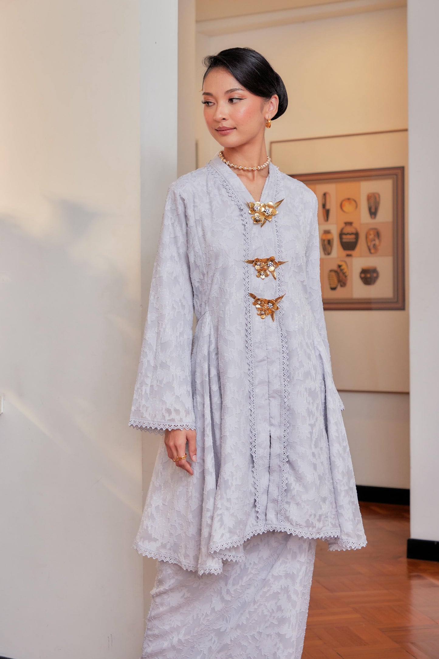 Silver Grey - Jacquard Lace Kebaya Riau Set (Full Lining)