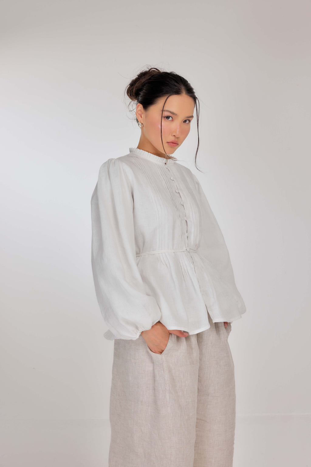 13 - The Daydream Tie-Waist Pure Linen Top in Akoya White Pearl (Fully Lined with 100% Cotton)