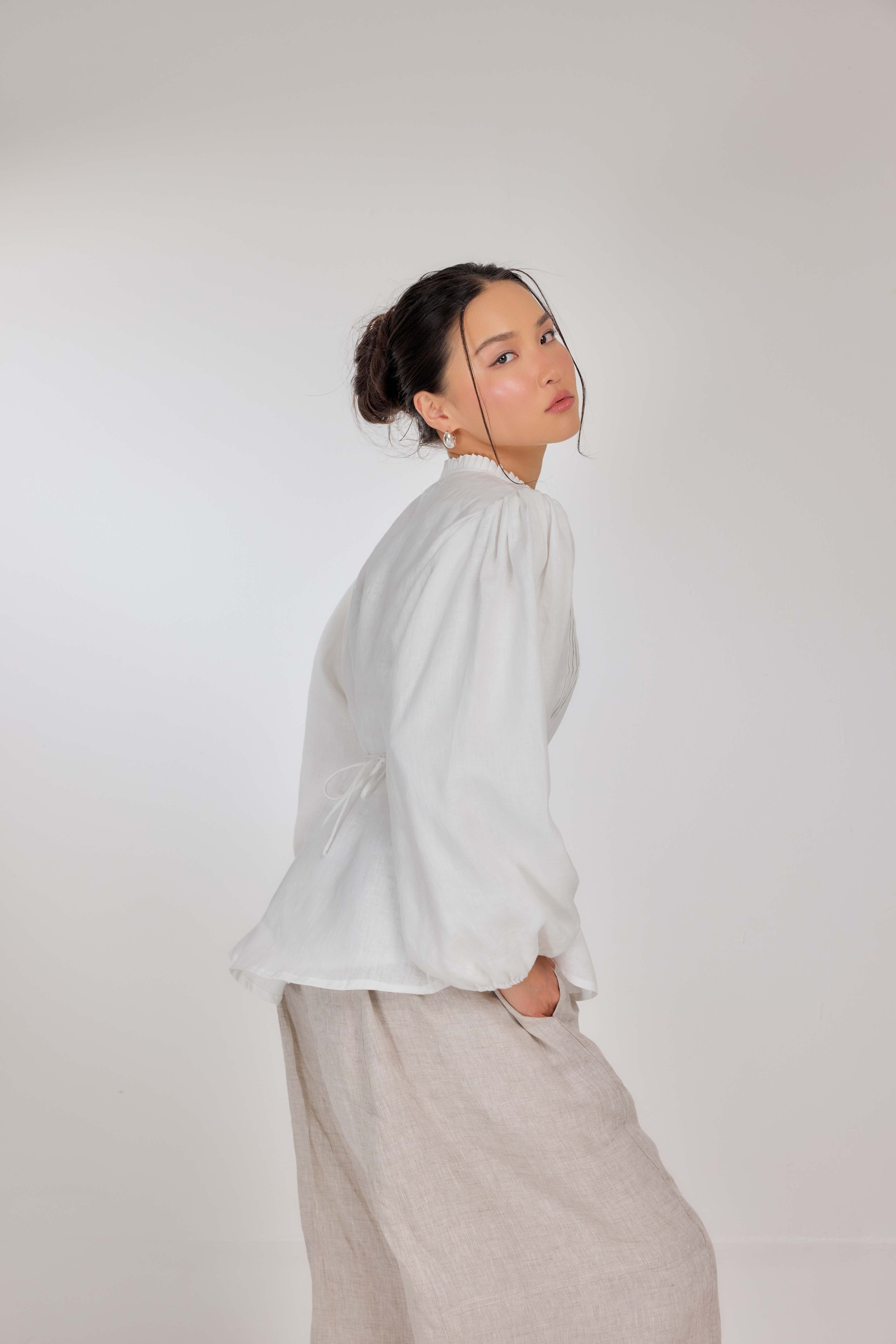 13 - The Daydream Tie-Waist Pure Linen Top in Akoya White Pearl (Fully Lined with 100% Cotton)