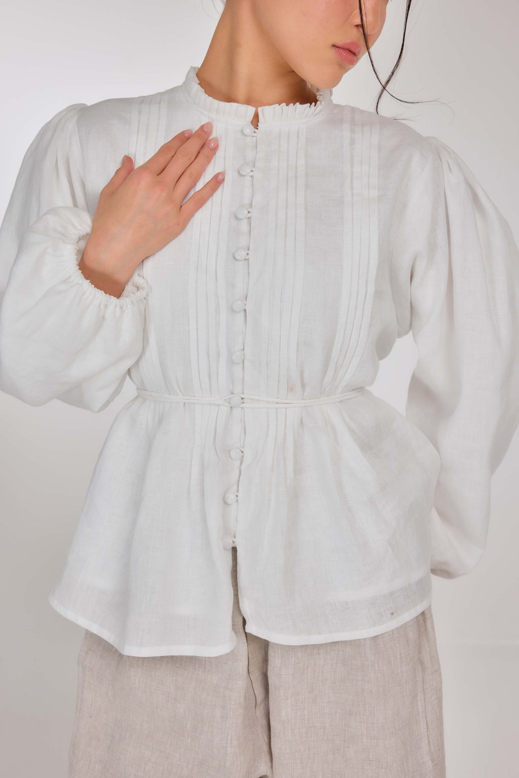 13 - The Daydream Tie-Waist Pure Linen Top in Akoya White Pearl (Fully Lined with 100% Cotton)