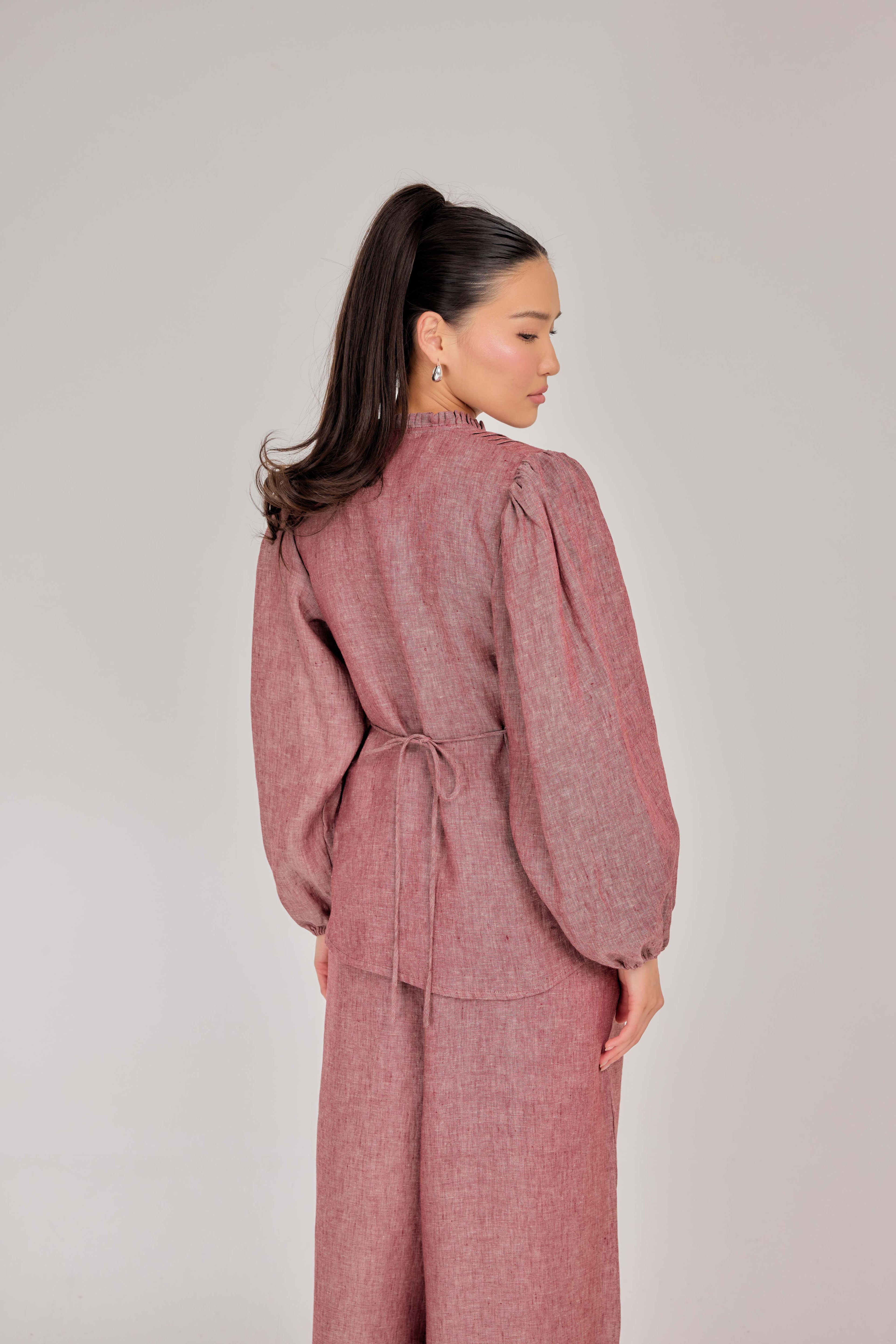 08 - The Daydream Tie-Waist Mélange Pure Linen Top in Vintage Rose