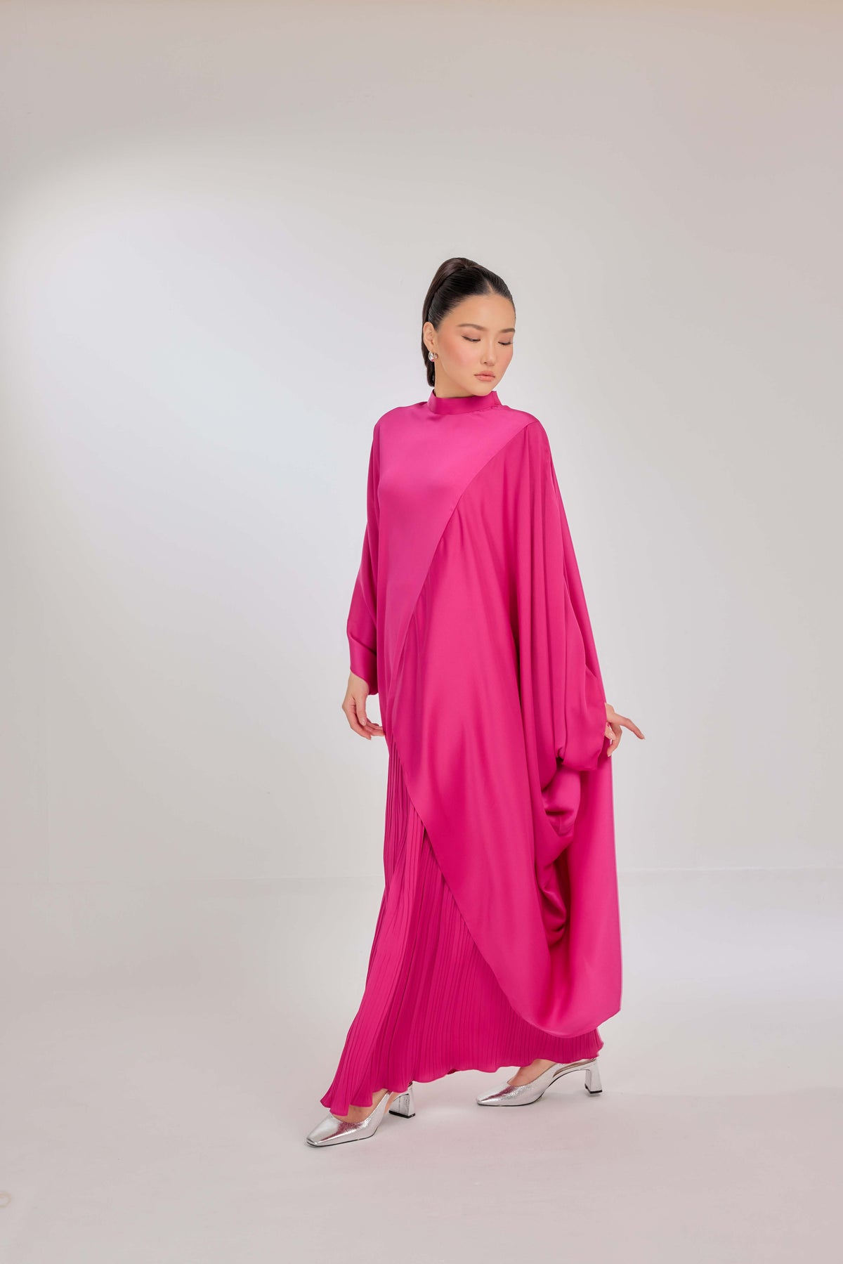 17 - Flaming Fuchsia - Chanela Full Sleeve Kurung with Pleated Skirt Set
