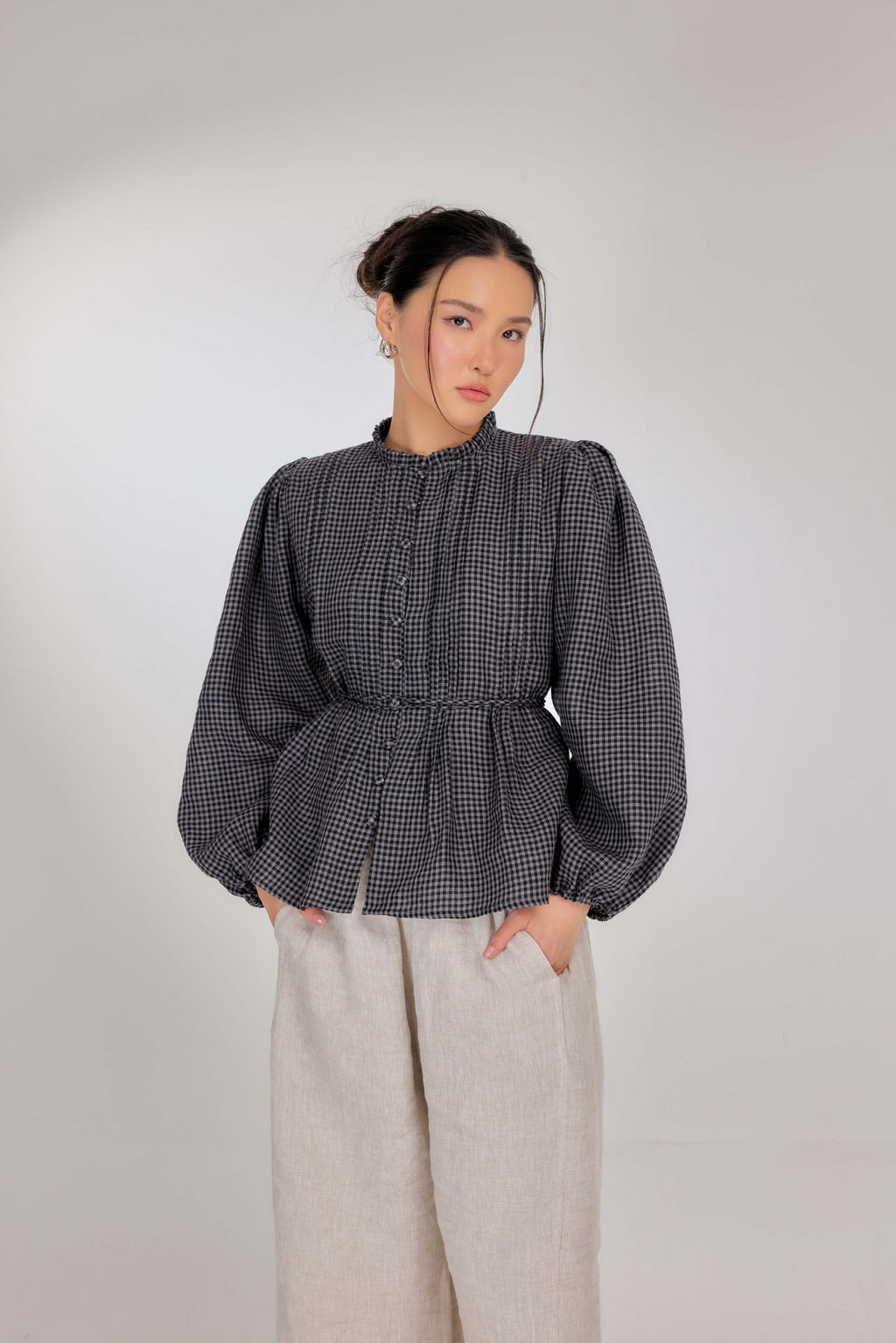 22 - The Daydream Tie-Waist Micro-check  Pure Linen Top in Time Capsule