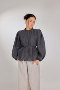22 - The Daydream Tie-Waist Micro-check  Pure Linen Top in Time Capsule