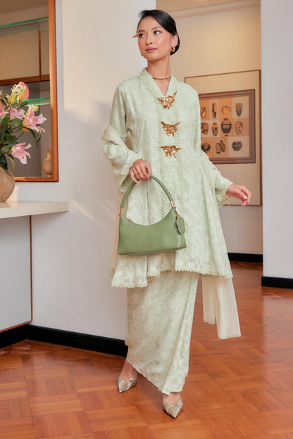 Pastel Green Lily - Jacquard Lace Kebaya Riau Set (Full Lining)