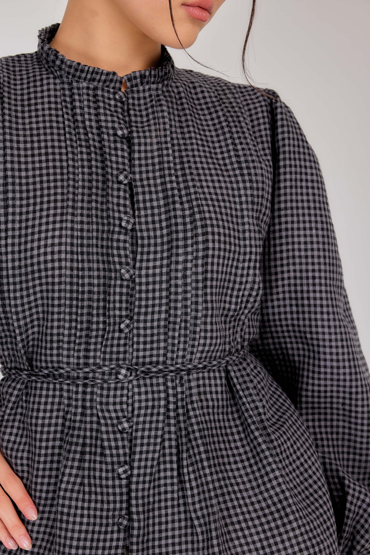 22 - The Daydream Tie-Waist Micro-check  Pure Linen Top in Time Capsule