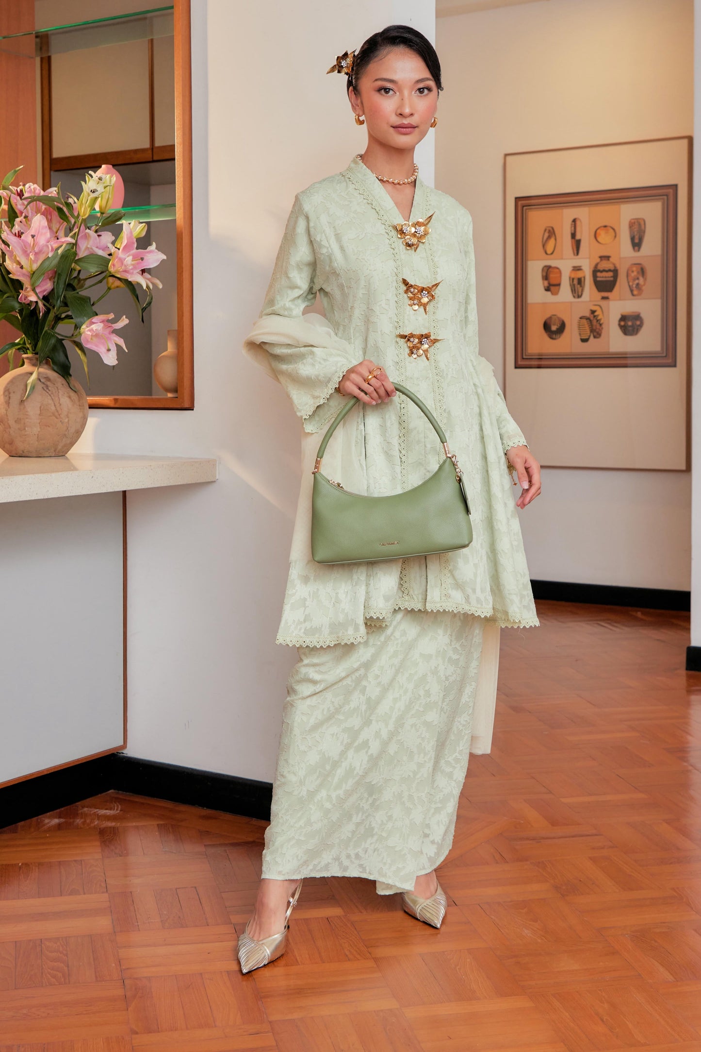 Pastel Green Lily - Jacquard Lace Kebaya Riau Set (Full Lining)