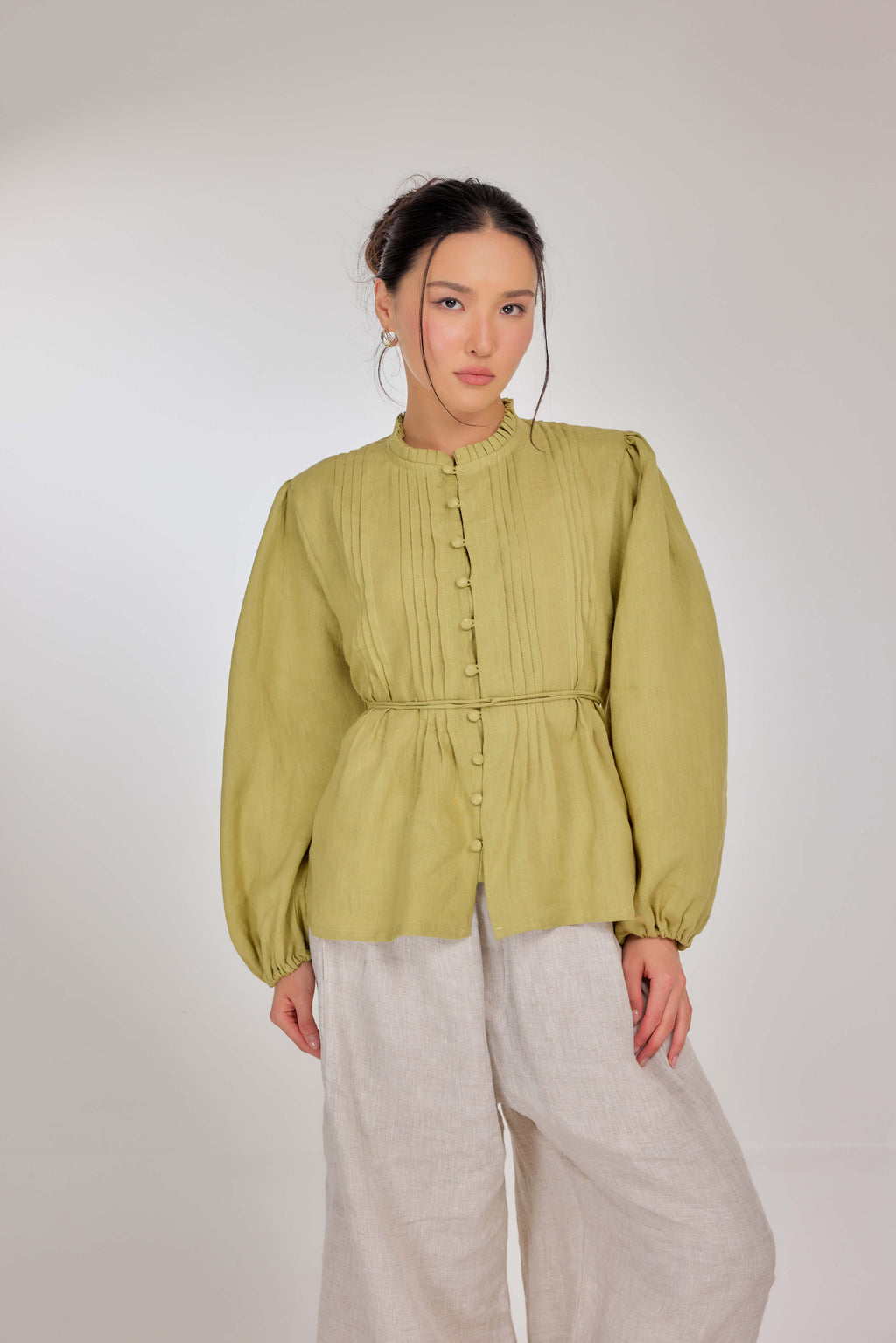 18 - The Daydream Tie-Waist Pure Linen Top in Lime Sherbet