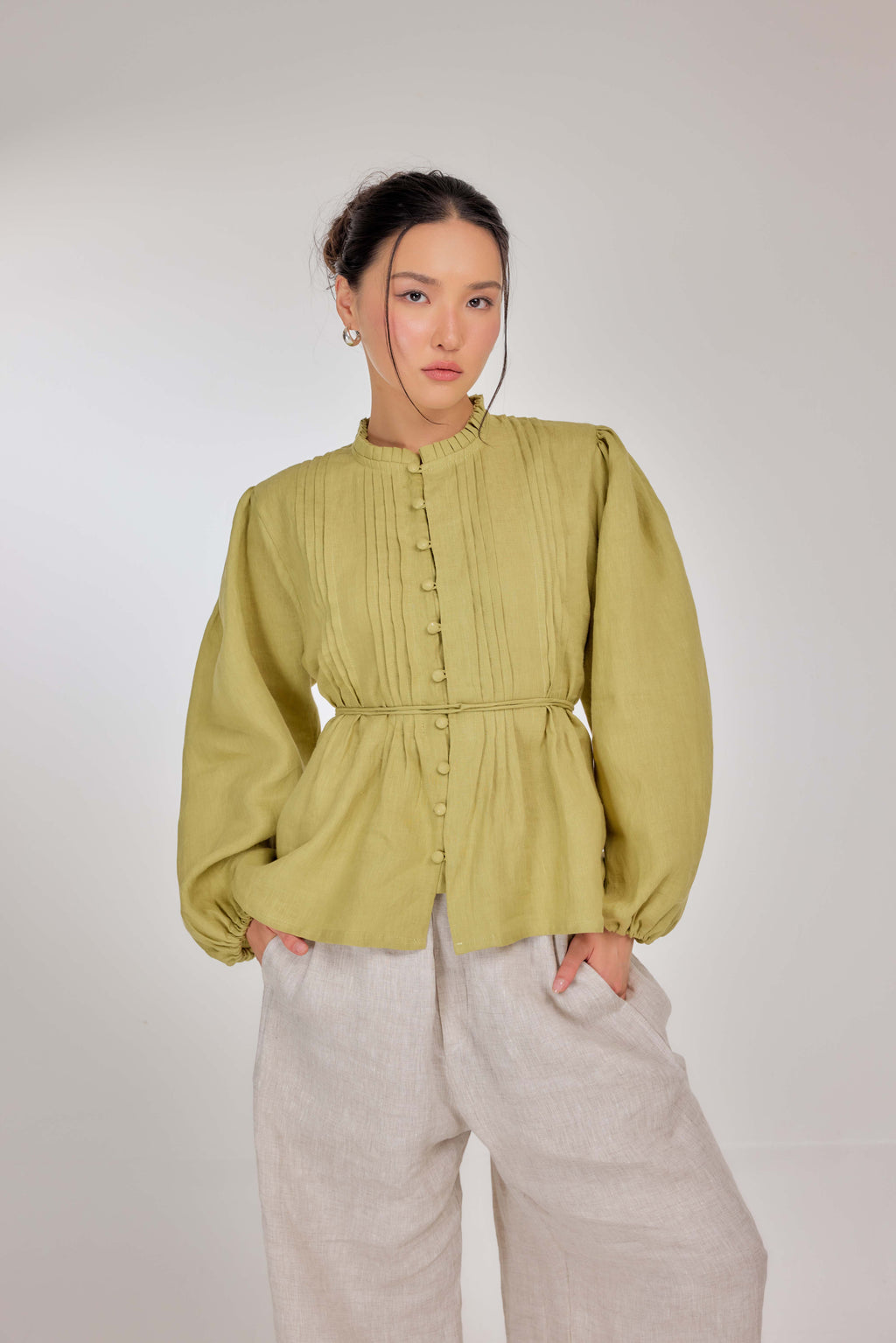 18 - The Daydream Tie-Waist Pure Linen Top in Lime Sherbet