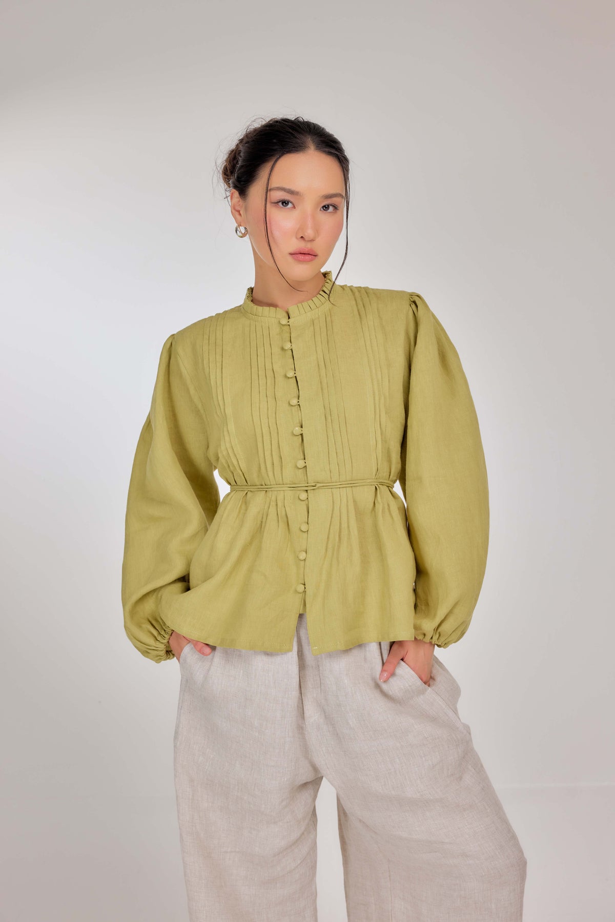 18 - The Daydream Tie-Waist Pure Linen Top in Lime Sherbet