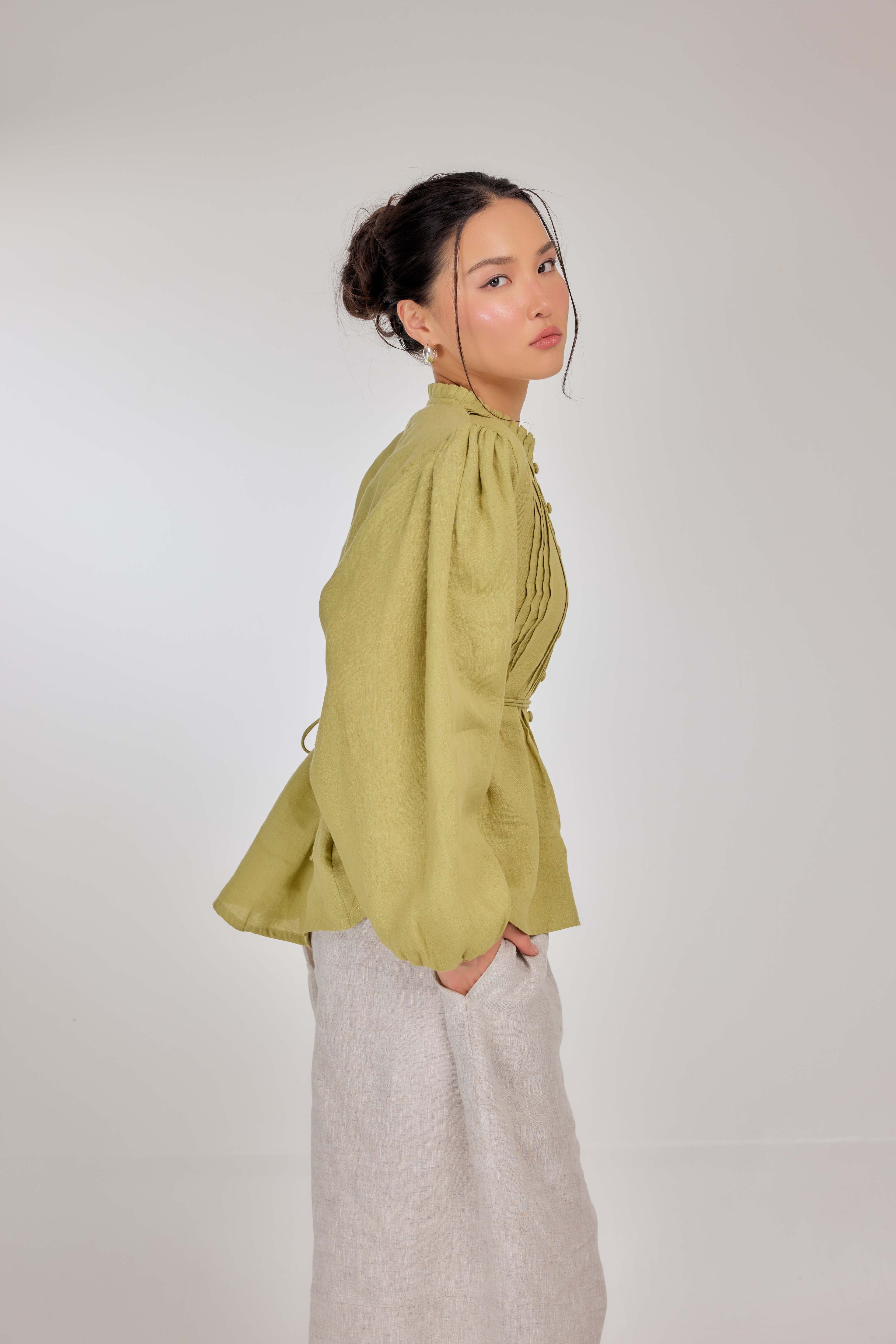 18 - The Daydream Tie-Waist Pure Linen Top in Lime Sherbet