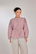 23 - The Daydream Tie-Waist Micro-check Pure Linen Top in Rose Odyssée