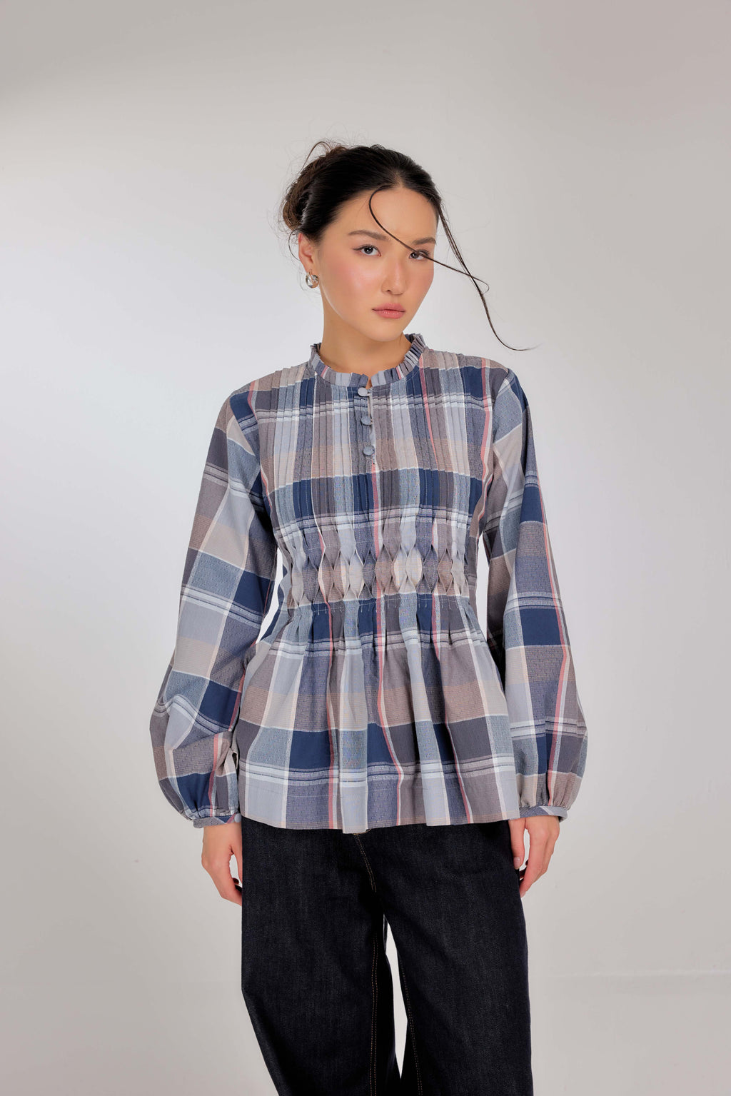 06 - Cambridge Blue - Memento Pleated Lace-Up Cotton Top
