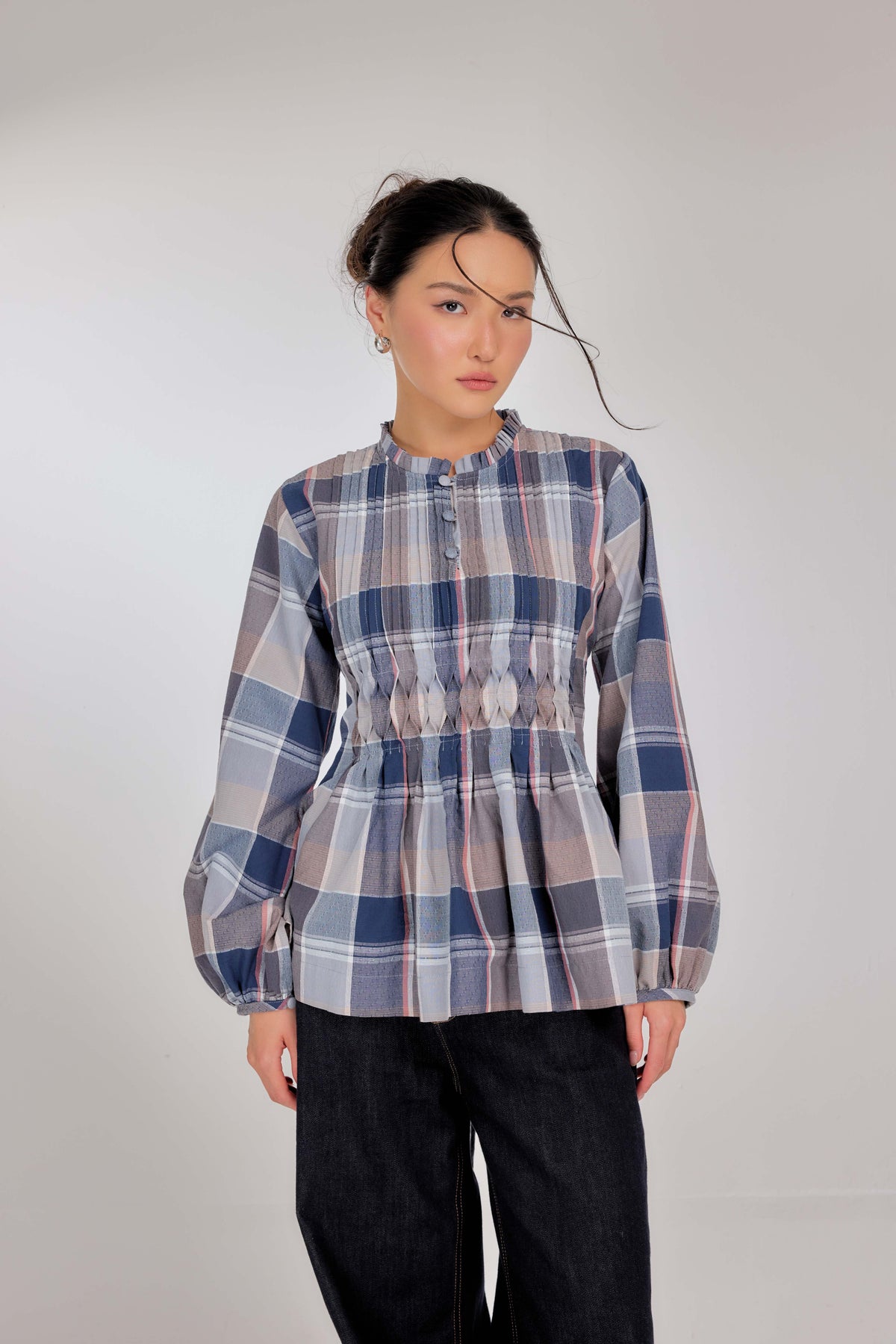 06 - Cambridge Blue - Memento Pleated Lace-Up Cotton Top