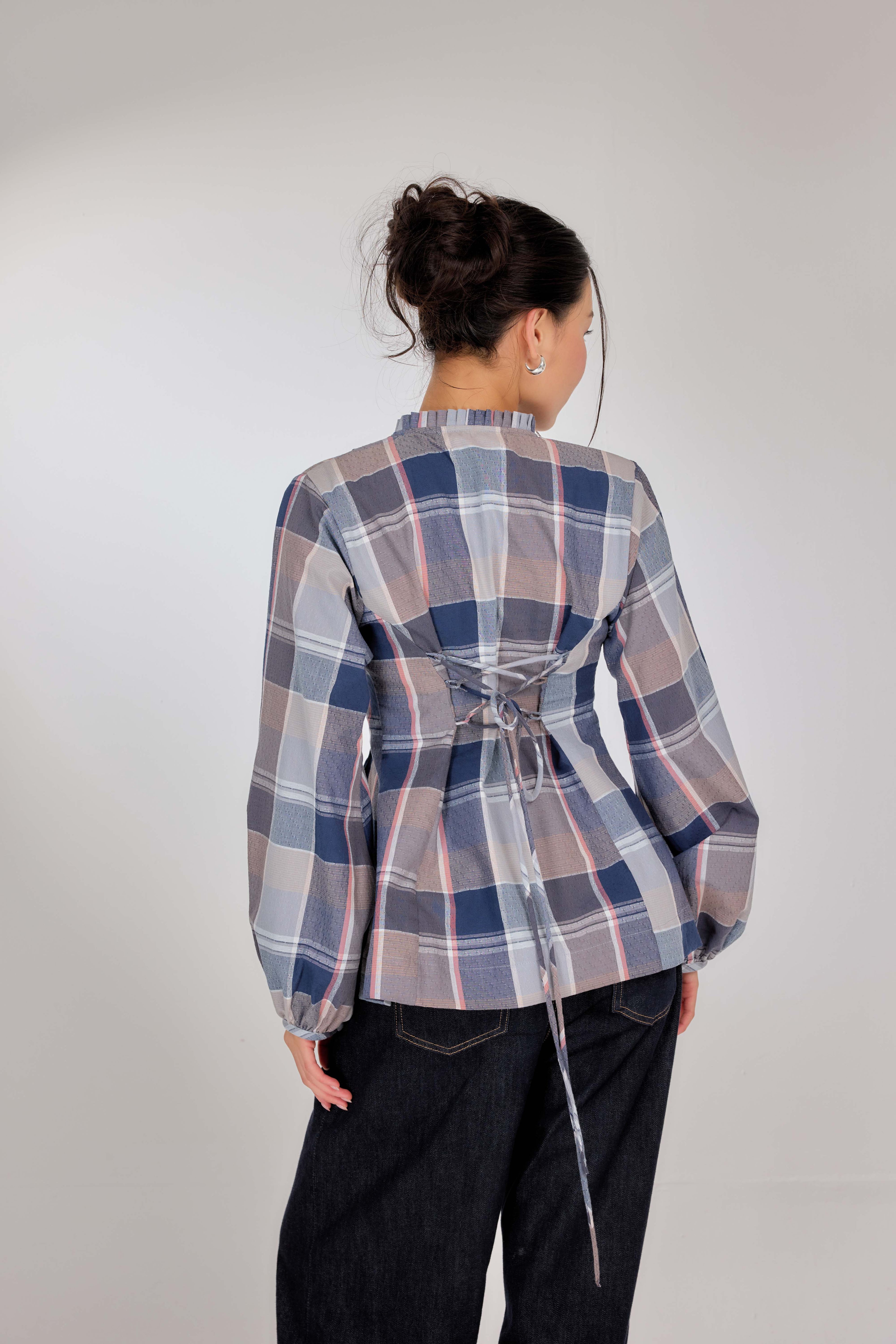 06 - Cambridge Blue - Memento Pleated Lace-Up Cotton Top