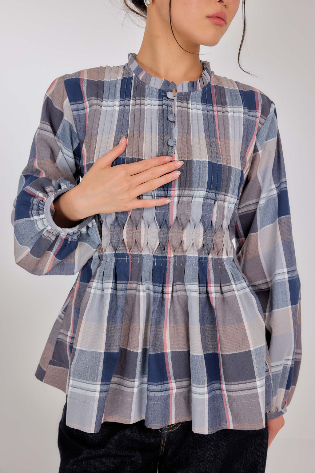06 - Cambridge Blue - Memento Pleated Lace-Up Cotton Top