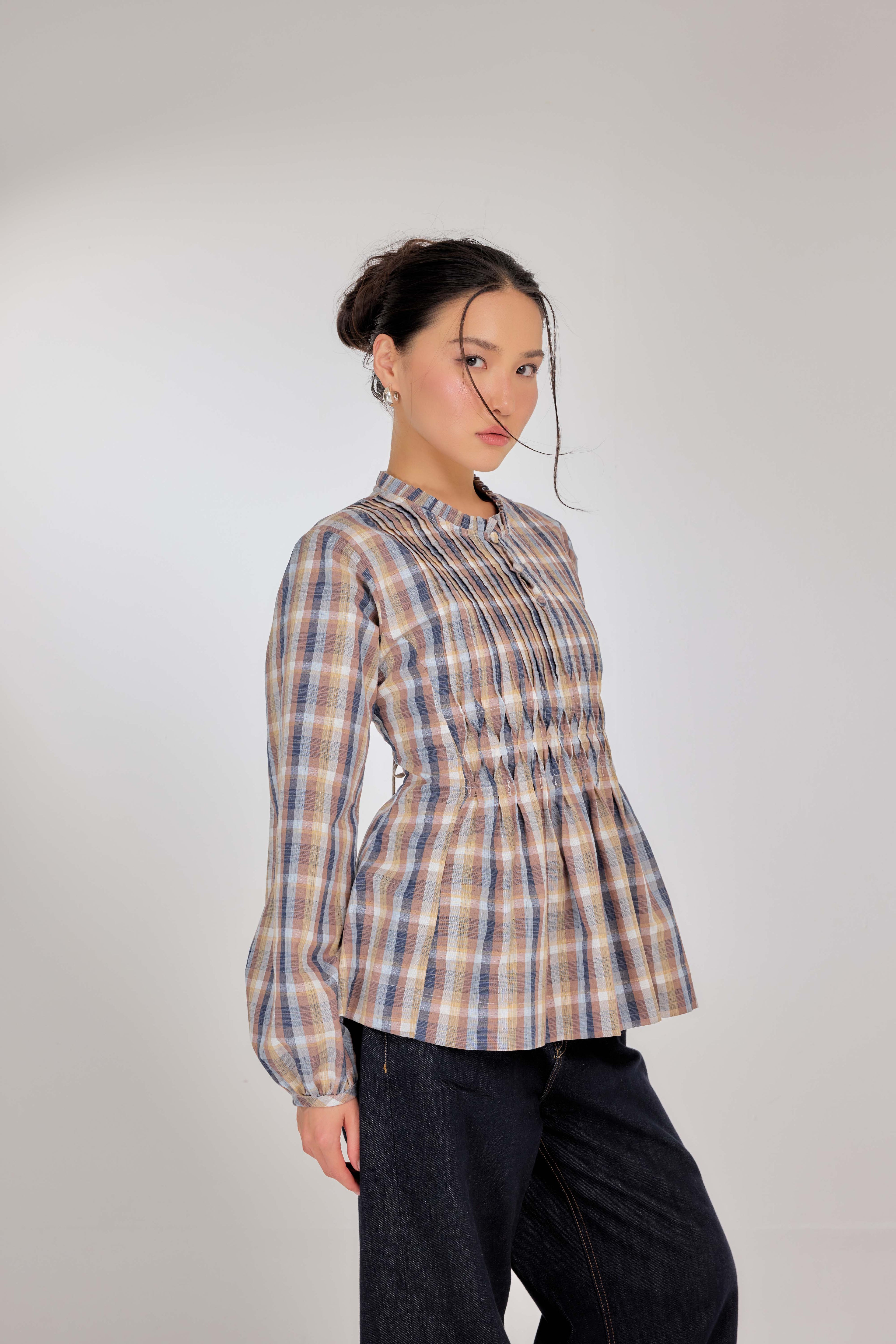 03 - Heritage Oat - Memento Pleated Lace-Up Cotton Top