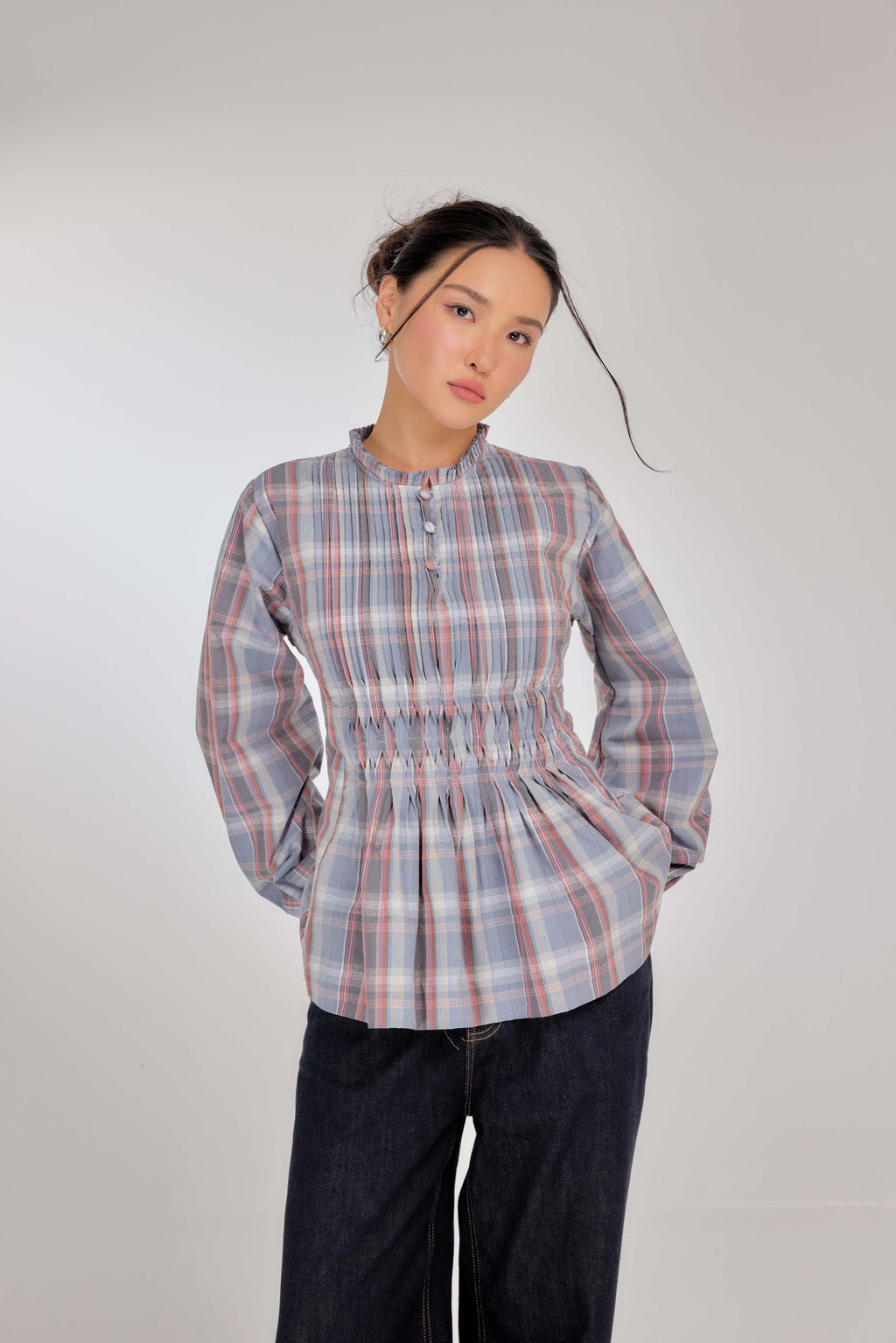 01 - Ash Blue Rose - Memento Pleated Lace-Up Cotton Top