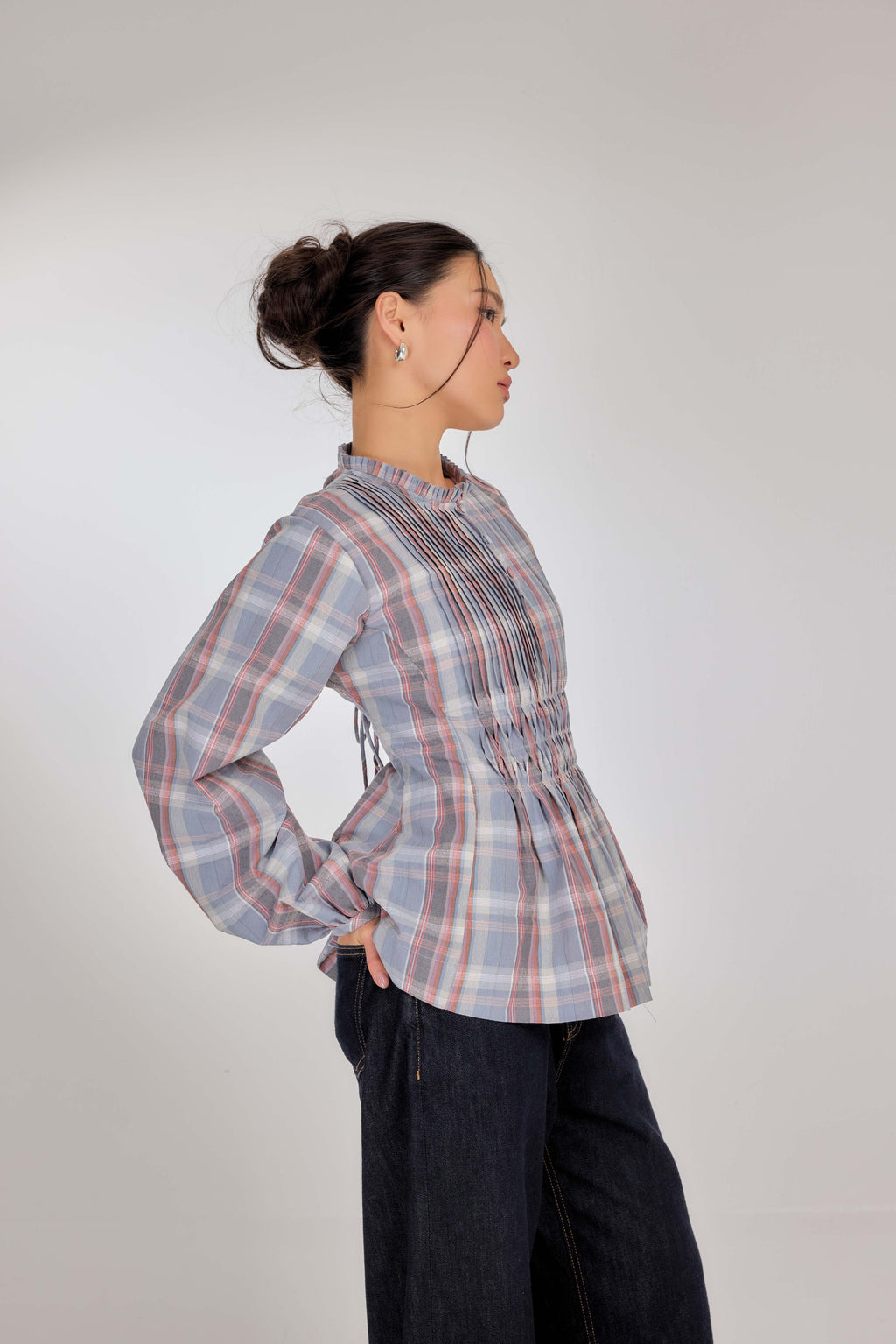 01 - Ash Blue Rose - Memento Pleated Lace-Up Cotton Top