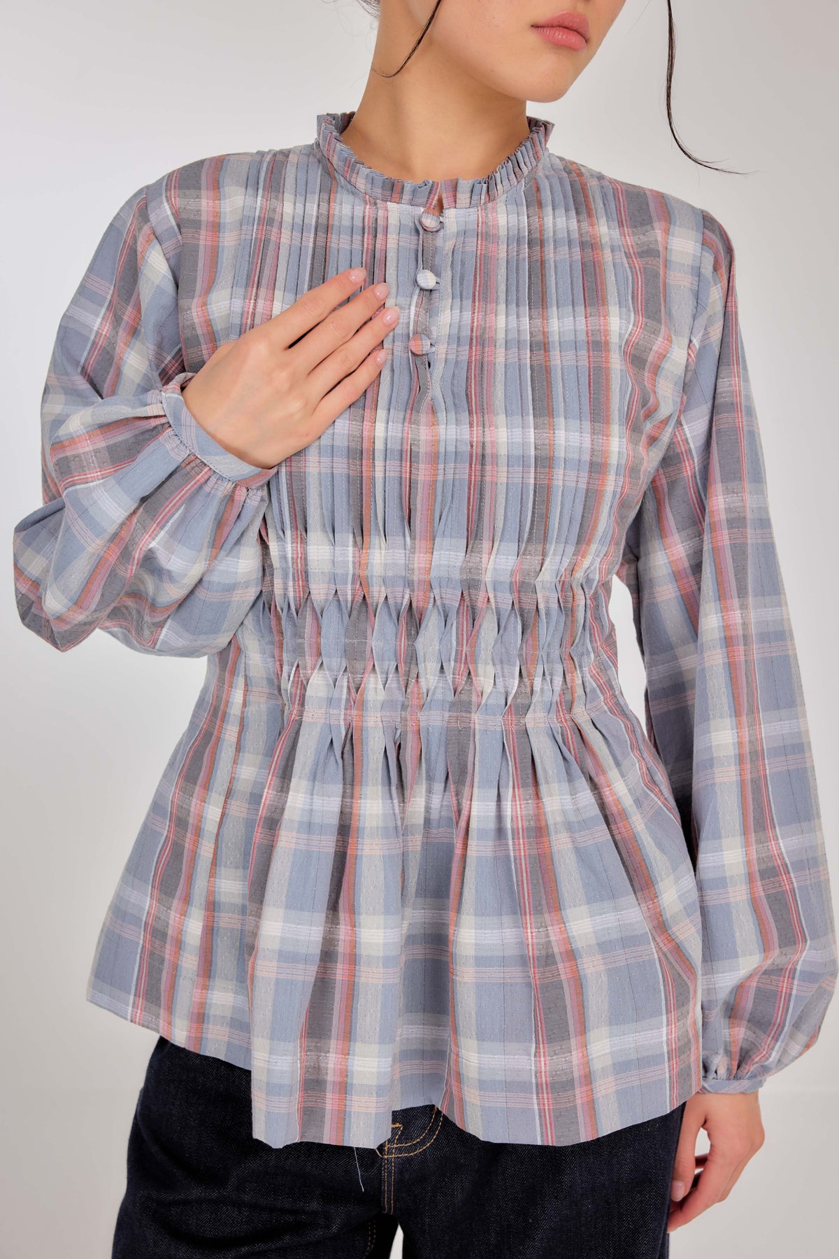 01 - Ash Blue Rose - Memento Pleated Lace-Up Cotton Top