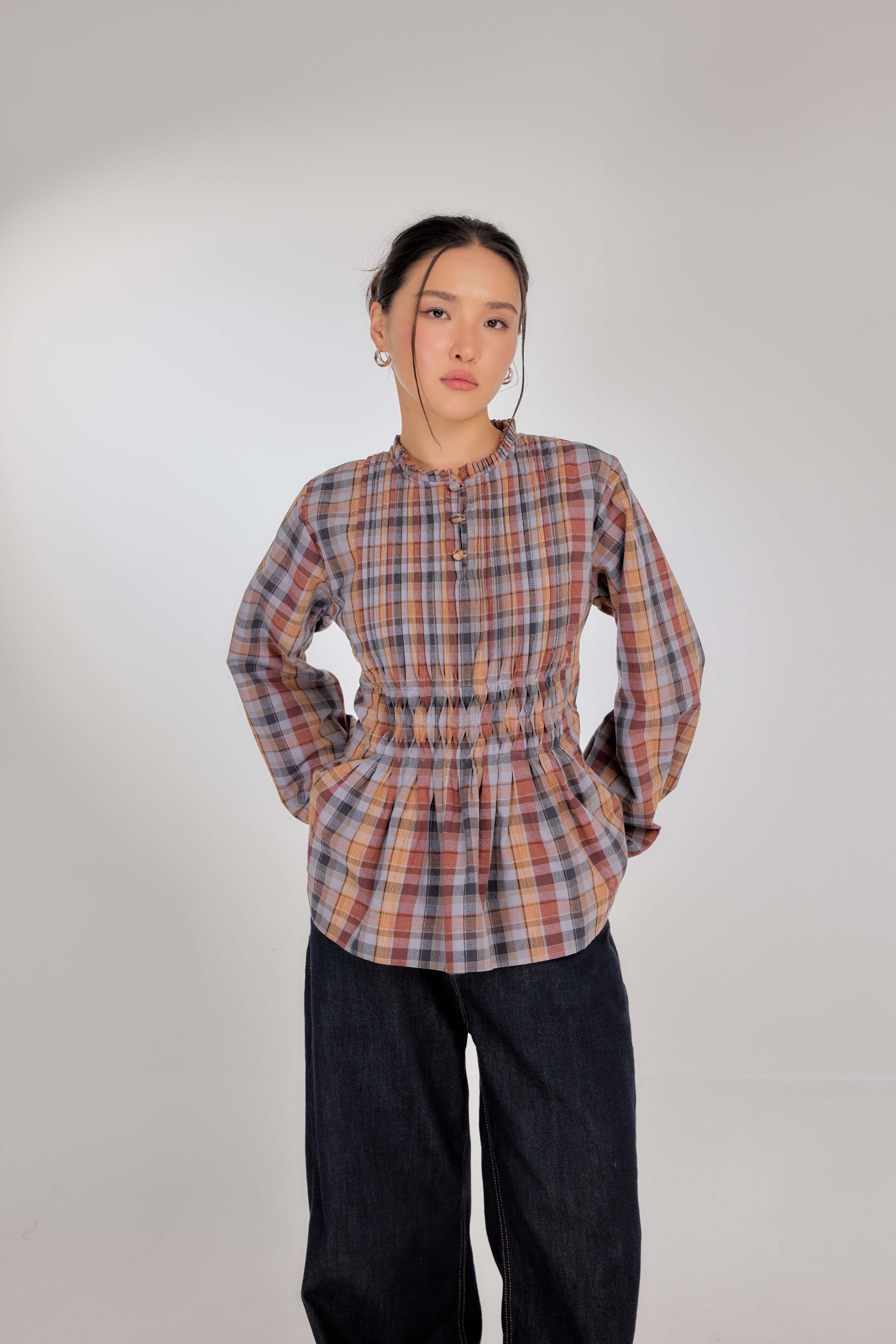 02 - Rosewood Tartan - Memento Pleated Lace-Up Cotton Top