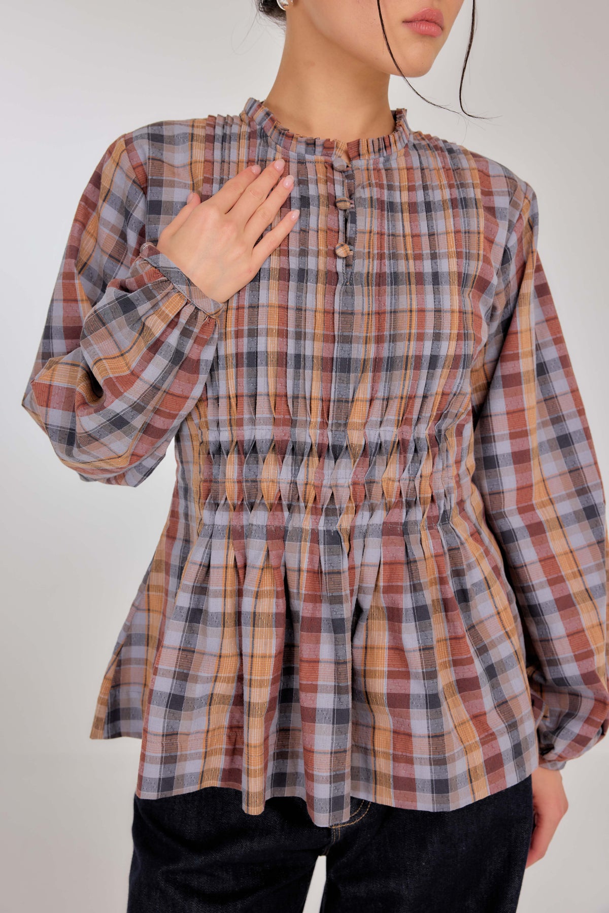 02 - Rosewood Tartan - Memento Pleated Lace-Up Cotton Top