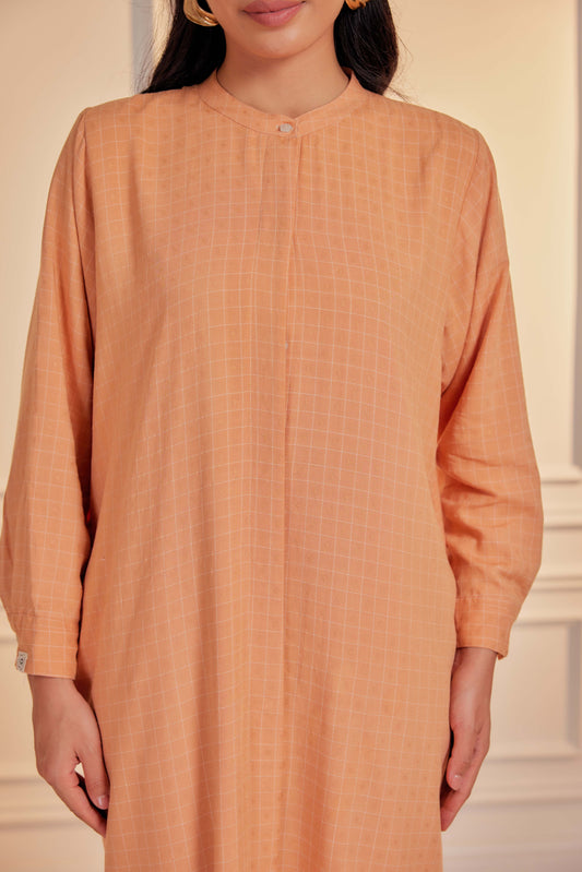 100% Cotton Grid Shirt Dress - Butterscotch
