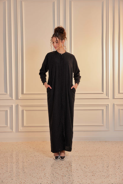 100% Cotton Grid Shirt Dress - Black