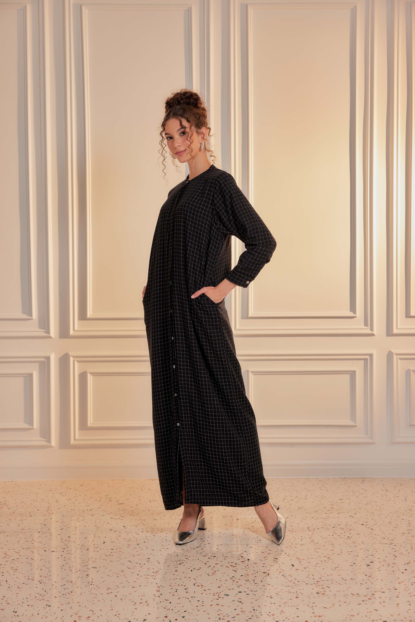 100% Cotton Grid Shirt Dress - Black