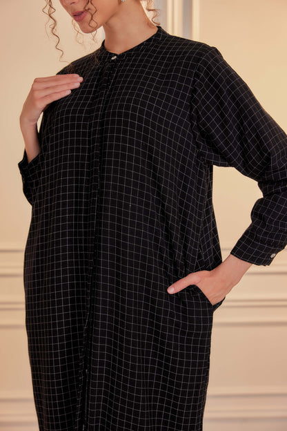 100% Cotton Grid Shirt Dress - Black