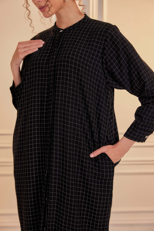 100% Cotton Grid Shirt Dress - Black
