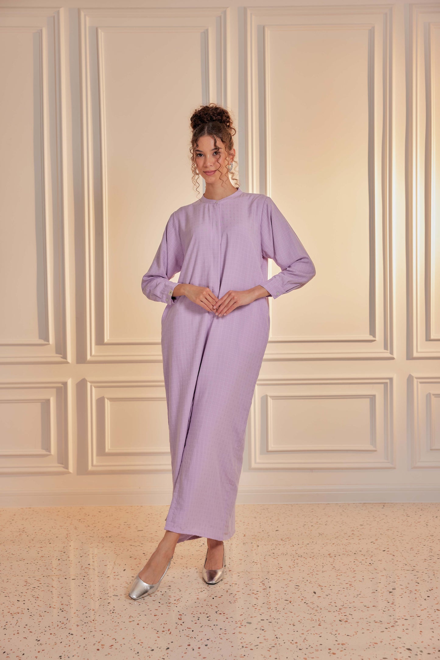100% Cotton Grid Shirt Dress - Violet Mist