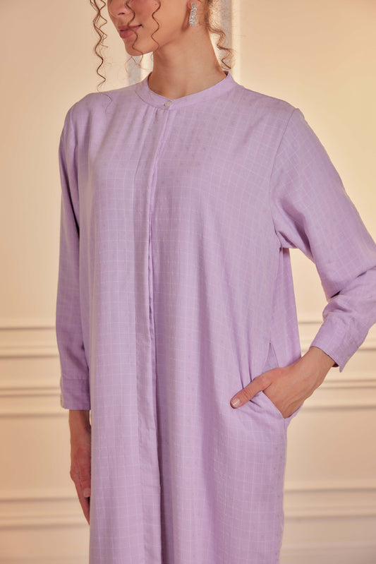 100% Cotton Grid Shirt Dress - Violet Mist