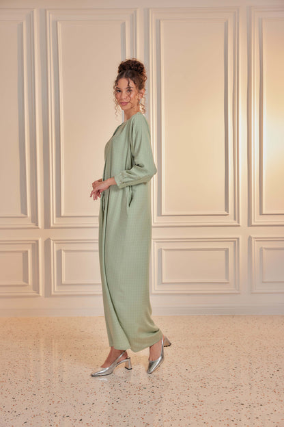 100% Cotton Grid Shirt Dress - Sage Green