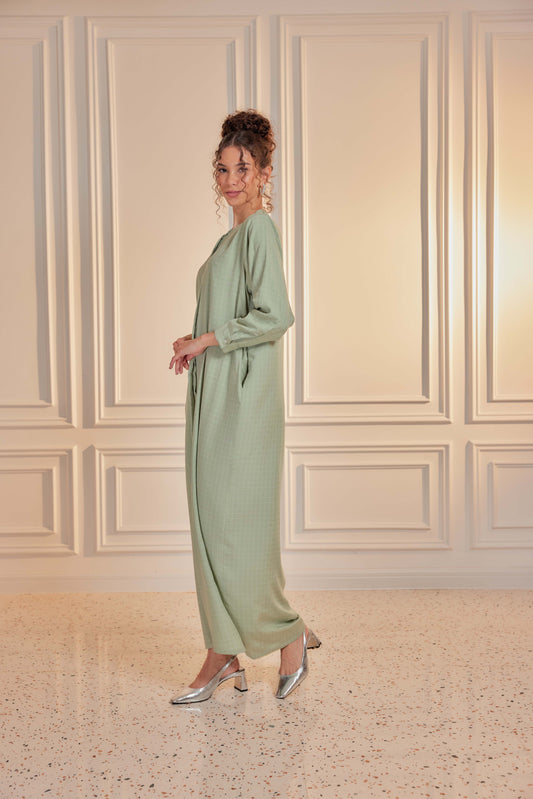100% Cotton Grid Shirt Dress - Sage Green